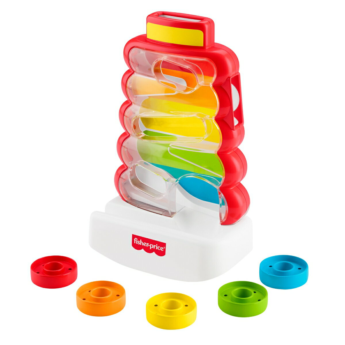【内容】フィッシャープライスで人気の「ゆらりんタワー」をアレンジしたおもちゃです。ぐらぐら揺れるタワーにリングを入れると、コロコロ転がって落ちてきます。赤ちゃんが楽しみながら因果関係を学習できます！
カラフルな5つのリング付きで、迷路状のタワーの上や横からリングを差し込むと転がりながら迷路をくだり、一番下の穴から出てきます。因果関係をさらに楽しく学べるように、迷路の底を丸くして、オリジナルのゆらりんタワーのようにぐらぐら揺れる仕掛けにしています。色やデザインは実物と異なる場合があります。
【原産国】ベトナム 【対象年齢】9ヶ月〜
【Brandについて】世界No1のベビー・プリスクールおもちゃブランド。フィッシャープライスは1930年にアメリカで誕生しました。以来、私たちはお子様が夢中になり、想像力を刺激するおもちゃ作りを続けてきました。フィッシャープライスのおもちゃ作りの基準は、創立当初から90年経った今でも変わりません。1、遊んで楽しいこと　2、工夫があること　3、耐久性があること　4、価値が高いこと　5、動きがあること
【フィッシャープライス】フィッシャープライスはおもちゃを通じて、アタッチメント(愛着)・五感の発達・親子のコミュニケーションを育み、お子さまが心身ともに健やかに成長できるようサポートします。また、お子さまとママパパの育児ライフがより充実した時間になることを応援します。
【安心と安全への取り組み】フィッシャープライスのおもちゃは欧州もしくは米国玩具安全基準に合わせて作られています。安全性と耐久性を重要視しているので、安心して楽しく遊んで頂けます。
【プレゼントに最適】出産祝い、誕生日などにピッタリ。 「五感」 「創造力」 「好奇心」 「思考力」を育む力をサポートします。女の子や男の子のお子様にきっと喜ばれます。【対象年齢】：0歳以上【商品サイズ (cm)】(幅×高さ×奥行）：16.6×27.2×9.6