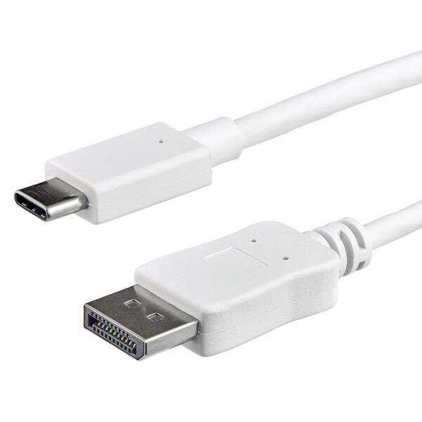USB-CをDisplayPortに変換する接続距離1mのディスプレイケーブル。USB Type-C対応デバイスを直接DisplayPortモニタやプロジェクタに接続できる便利なソリューションです。

MacBook、ChromeBook Pixel、Dell XPS モデル13／15など、DisplayPort オルタネートモード（DP Altモード）に対応するUSB-Cデバイスで使用でき、Thunderbolt 3ポートとも互換性があります。

【デスク周りをすっきり保ち、MacBookやHP ENVYに合うディスプレイ変換アダプタケーブル】
 1mのケーブル長でコンパクトに接続できるディスプレイ変換アダプタケーブルは、余分な配線やアダプタを減らし、機器周りをすっきりと保ちます。スタイリッシュなオールホワイトのデザインは、USB-C対応のHP ENVYやMacBook に合うアクセサリです。より長い距離での接続には、ホワイト 1.8m USB-C - DP ケーブル（CDP2DPMM6W）をご利用いただけます。

ホワイトのディスプレイ変換アダプタケーブルは、MacやHP ENVYと相性の良いデザインですが、DP Altモードに対応するUSB-Cコンピュータ（Dell XPS、Ultrabook、その他Windowsノートパソコン）各種で使用可能です。ブラックのワークステーションとマッチするケーブルをお探しの場合は、ブラック 1m USB-C - DP ディスプレイケーブル（CDP2DPMM1MB）、ブラック 1.8m USB-C - DP ディスプレイケーブル（CDP2DPMM6B）などをご利用いただけます。StarTech.comでは、お客様のニーズに合わせてカラーと長さが選べるケーブルを取り揃えています。

【USB Type-Cで簡単接続】
このディスプレイ変換アダプタケーブルは、汎用性に優れ便利なUSB Type-Cポートを使用します。リバーシブル構造のUSB-Cコネクタは、どちら側を上にしても差し込めるため、パソコンをワークステーションやオフィスのホットデスクに接続する際、挿入方向を間違えて困ることがありません。

【4K／60Hzの驚きの画質を提供】
このディスプレイ変換アダプタケーブルは、1080pHD画質の4倍という驚きの画質を実現する4K／60HzモニタおよびTVに対応しています。USB Type-Cに内蔵のビデオ機能を活用し、4K対応ディスプレイにUltra HDの優れた画質を表示することができます。

また、1080pなど、より低い解像度のディスプレイとも互換性があり、将来的な4K／60Hzの導入に備えながら、家庭やオフィスその他で現行のHD環境にも適したアクセサリとなります。

StarTech.comでは、本製品に3年間保証と無期限無料技術サポートを提供しています。

 注意：
 本製品アダプタを使用するには、USB-C端末側でビデオ（DP Altモード）をサポートしている必要があります。