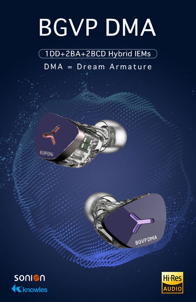 BGVPより骨伝導ドライバー搭載モデル、DMAが登場。

＜商品概要＞
○SonionのBA型骨伝導ドライバー搭載
より繊細な表現が可能となるとされるSonion社製デュアル・骨伝導ドライバーを搭載。
音だけでなく空気感、雰囲気の表現まで可能としています。

○高機能ダイナミックドライバー
ニッケル・コーティング・ダイアフラム搭載ダイナミックドライバーは高温での処理が必要なニッケルをナノ単位でコーティング。
その硬性の高さにより瞬発力、低歪みを実現しました。

○高精度シェル
高いビルドクォリティーで知られるHEYGEARS社の協力により高精度3Dプリンティング技術によるハイクォリティーなシェルが完成しました。
これにより耐久性のみならず、シェル内の音の反響や精度を細かくコントロールできます。

○ハイグレード・ケーブル
BGVPはMMCXインターフェイスを採用。
6NOCC・ケーブルと3.5mm／4.4mmのプラグを差し替え可能なスイッチ式を採用。
様々なシーンでお使いいただけます。

◎骨伝導ドライバーの真髄
BGVPはPhantomの発売の後も骨伝導ドライバーの研究を続けています。
従来のドライバー組み合わせは気導を使っていますが、音は外耳道内で互いに打ち消し合う事は必然です。必ず空気伝達方法では、一部が失われます。
骨伝導のメリットは、空気伝達法での音響損失の周波数帯域に対応した周波数帯を頭骨への振動を通して人間の身体に認識させ、広い音場の雰囲気を伝えます。
骨伝導ドライバーの真髄とも言える空気感の表現をBA型骨伝導ドライバーで表現しています。

＜仕様＞
●コードの長さ：1.2m
●ドライバー：2BA＋1DD＋2BC
●感度：106dB
●周波数特性：10Hz - 40kHz
●インピーダンス：17Ω
●ケーブル／インターフェイス：6NOCC MMCX 3.5mm／4.4mmスイッチングジャック式
●イヤーチップ 2種S／M／L各1セット フォームタイプ1サイズ1ペア イヤホンケース付き