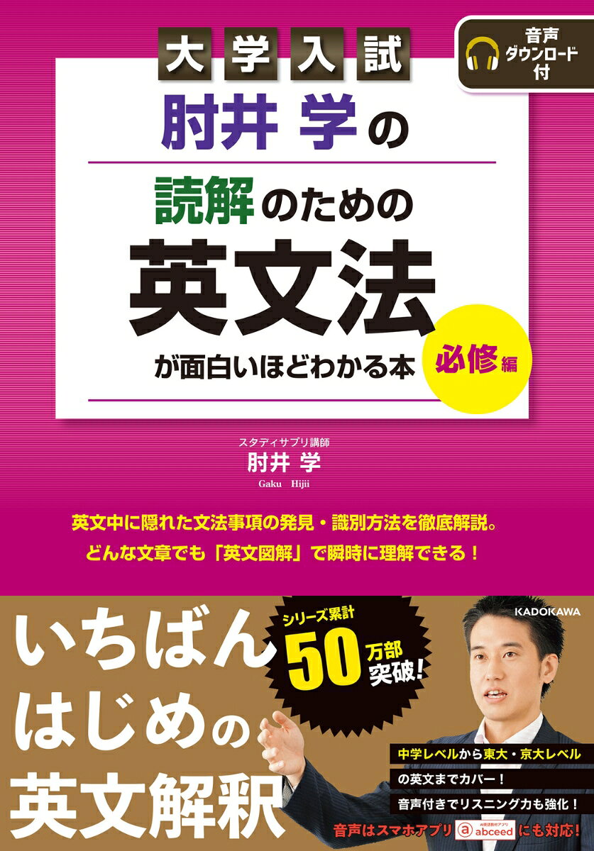 次の英文中のing形の単語の品詞と役割を、すべて識別できますか？
There are significant differences between learning and teaching existing mathematics and creating new mathematics.　

「どうしたら英文を読めるようになるか？」
その疑問に答えるために、本書では『英文読解のための英文法』について、33のテーマを厳選しました。
基礎から応用、そして発展レベルまで、英文の読解力を上げるための多くのしかけを用意してあります。
読解のための33の英文法のテーマを定着させるために、183の例題→137の確認問題→38の発展問題で、
無理なく段階的に英文読解力が向上していきます。さらに、学習のスパイスとして50のポイントも散りばめてあり、
「面白いほど」英文が読めるようになります。
183の例題は、すべて基本的な英文からスタートしています。ゴールである38の発展問題は、
すべて地方国公立や東大・京大を含めた旧帝大、MARCHをはじめとする難関私大入試で
実際に出題された英文を掲載しているので、入試対策書としても最適です。


例題と確認問題・発展問題の約350の英文に、ひと目で文構造と修飾関係がわかる
英文図解をつけました。英文図解の下にある簡潔な解説と合わせて、
ビジュアル×文字による理解で相乗効果を生み出します。
この1冊で、基本的な英文からハイレベルな英文まで、英文読解を極めてください。
序章　S V の発見編
　テーマ01　S V の発見で英文が読める

第1章　意味のカタマリ編
　テーマ02　名詞句で英文が読める
　テーマ03　名詞節で英文が読める
　テーマ04　形容詞句で英文が読める
　テーマ05　形容詞節で英文が読める
　テーマ06　副詞句で英文が読める
　テーマ07　副詞節で英文が読める

第2章　識別編
　　テーマ08 　 to do の識別で英文が読める
　　テーマ09　-ing の識別で英文が読める
　　テーマ10 過去分詞の識別で英文が読める
　　テーマ11　thatの識別で英文が読める
　　テーマ12　it の識別で英文が読める
　　テーマ13　asの識別で英文が読める

第3章　構文編
　　テーマ14　接続詞で英文が読める
　　テーマ15　倒置で英文が読める
　　テーマ16　省略で英文が読める
　　テーマ17　強調構文で英文が読める
　　テーマ18　呼応で英文が読める
　　テーマ19　ネクサスで英文が読める　
　　テーマ20　挿入で英文が読める
　　テーマ21　比較で英文が読める
　　テーマ22　複合関係詞で英文が読める

第4章　動詞の型編
　　テーマ23　第4文型で英文が読める
　　テーマ24 第5文型で英文が読める
　　テーマ25 S V O to do 型で英文が読める
　　テーマ26　S V A from B型で英文が読める
　　テーマ27 S V A of B型で英文が読める
　　テーマ28 S V A with B型で英文が読める
　　テーマ29 S V A for B型で英文が読める
　　テーマ30 S V A as B型で英文が読める
　　テーマ31 S V A to B型で英文が読める
　　テーマ32 S V A into B型で英文が読める
　　テーマ33 受動態で英文が読める