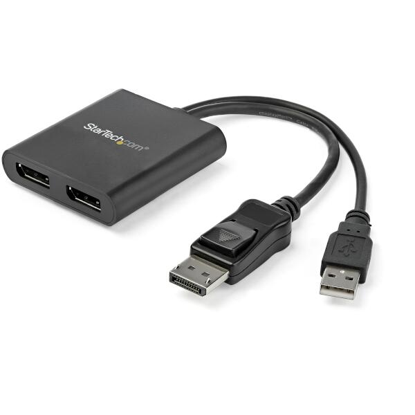 DisplayPort （DP） 1.2搭載Windowsコンピュータ（ノート、デスクトップ）に2台のモニタを接続できるMSTハブ。USB電源により、コンピュータに接続するだけでハブが動作します。

＜複数スクリーンによる作業効率の向上＞
最近のコンピュータは、これまでになく携帯性に優れた設計になっています。これに伴い、ビデオ出力オプションが少なくなり、搭載スクリーンも小型化が進んでいます。このMSTハブは、外付けディスプレイを2台追加し、コンピュータ小型化に伴う上記の問題を2つとも解決し、マルチタスクしやすい環境を提供します。

＜あらゆるディスプレイに接続＞
本製品と、DisplayPortビデオアダプタおよびケーブルアダプタを一緒に使用すると、HDMI／VGA／DVIディスプレイを接続することができます。つまり、あらゆるテレビ、モニタ、プロジェクタとの互換性が提供されます。さらに、本製品は、VESAとDisplayPortの認証を取得しており、DP 1.2システムに対応しているため、既存のビデオ機器とスムーズに統合することができます。

＜様々な環境に合わせディスプレイを構成＞
本製品を使用し、デスクトップ画面を複数の外付けモニタに拡張したり、別々のコンテンツをストリーミングできるので、自在にマルチタスクを行い作業効率を向上させることができます。また、デジタルサイネージなど、リモートビュー用途で同じイメージを複数のディスプレイに表示することも可能です。

＜システムリソースに大きな負荷をかけずに驚きのビデオ品質を実現＞
MST技術は、既存のビデオカードを使用し、システムリソースの使用を最小限に抑えながら、4K解像度を実現します。前例のないパフォーマンスを提供するMSTは、グラフィックデザイン、ゲーム、医療用画像処理などの高解像度アプリケーションに最適です。

注意：
DisplayPort 1.1ビデオカードを使用する場合、本製品はスプリッタとして機能します。すべてのディスプレイでビデオソースを自動的にミラーリングし、解像度は制限されます。

本製品は、プラグアンドプレイ式インストールに対応しており、セットアップに手間がかかりません。

StarTech.comでは3年間保証と無期限無料技術サポートを提供しています。

注意：MSTは、取り付けたすべてのディスプレイで21.6 Gbpsを共有します。1つのポートでより高い解像度を使用すると、残りのポートで利用できる帯域幅が制限されます。ご使用のセットアップでの最適な解像度を求めるには、当社のウェブサイトに記載したガイドラインを参照してください。一部のグラフィックアダプタではMSTサポートに限りがあり、合計で3台を超える複数ディスプレイには対応しません。3台以上の追加モニタがある場合、4台目から無効になります。