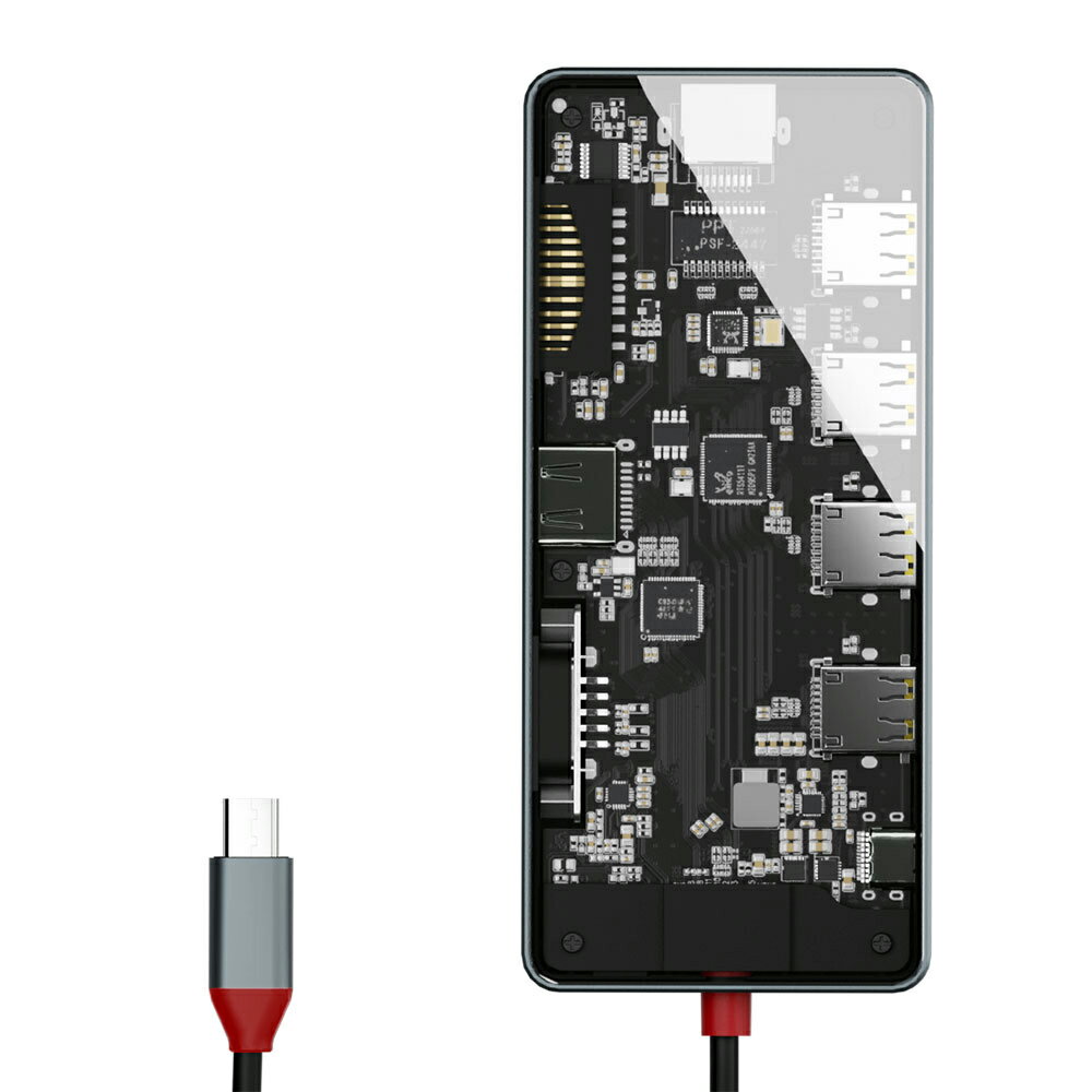 エアリアTypeC接続 多機能マルチアダプター 内部が見えるシースルー構造 HDMI VGA USB3.0 2.0 LANポート SDカードリーダー MicroSDカードリーダー PD対応 SD-CMULTI01-B