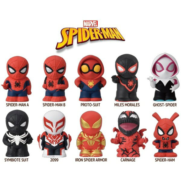 スパイダーマンの人気キャラクターが「ソフビパペットマスコット」になり登場です！全高50mm程度でコレクションするのに良いサイズです。全10種。ブラインド商品です。
&copy; 2025 MARVEL　&copy; CPll