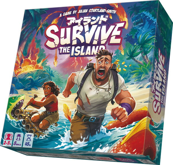 様々な危機を潜り抜け、沈み始めた島から無事に生還できるか？

全世界で200万個販売された『アイランド 〜アトランティスからの脱出〜』が、より直感的に、遊びやすく調整されて再登場！巨大生物の襲撃から逃れ、限られたイカダをうまく使い、沈みゆく火山島から無事に脱出し、宝物を手にすることはできるでしょうか？

プレイヤーは自分の冒険者コマをゲーム盤の四隅にある陸地に移動させ、なるべく多くの宝物を持ち帰ることを目指します。ただし冒険者コマの底には、その冒険者が持ち帰った宝物の価値を示す数字が書かれており、どのコマを優先して脱出させるかも重要となります。
また火山島は、手番の度に標高の低いタイルから順番に取り除かれ、地形が変化していくと同時に、タイルの裏に書かれたイベントが発生します。新たな脅威や他のプレイヤーからの妨害をかわし、激しい生存競争に打ち勝ちましょう。
《火山噴火!!》が3枚に達したらゲームが終了し、最も多くの勝利点を獲得したプレイヤーが勝利します。

【内容物】
ゲーム盤：1枚、地形タイル：40枚、冒険者コマ：50個、巨大生物コマ：13個、救命イカダコマ：12枚、ダイス：1個、早見表カード：5枚、ルール説明書：1冊【対象年齢】：8歳以上