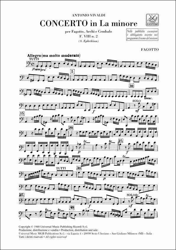 【輸入楽譜】ヴィヴァルディ, Antonio: バスーン協奏曲 イ短調 F.VIII, N.2 RV 498: パート譜セット