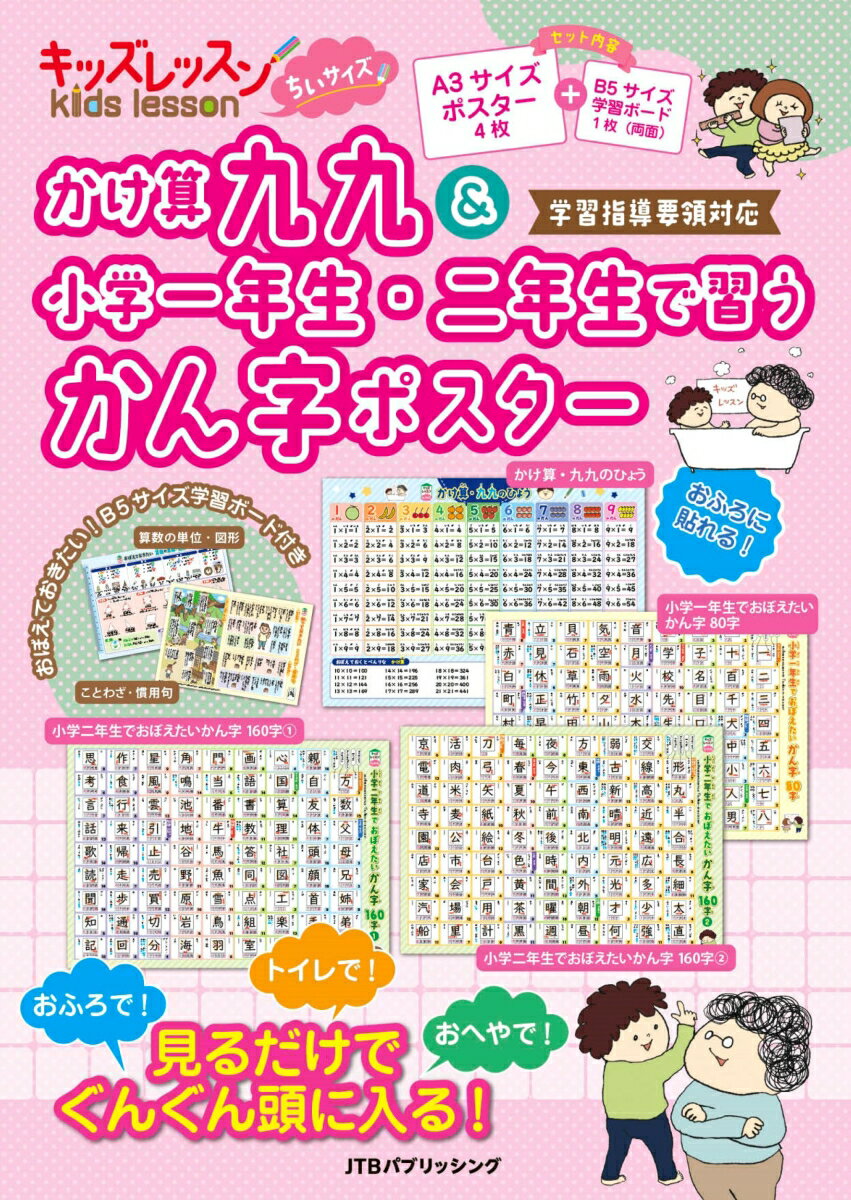 おふろでも使える学習ポスターの人気シリーズ「キッズレッスン」ミニサイズ版！
おふろの壁だけでなく、トイレやお部屋のドアなど狭いスペースでも貼る場所を選ばないA3サイズのポスターと、下敷きにも使えるB5サイズのボードがセットに！

＜内容＞
【ポスター】4枚
かけ算九九のひょう
小学一年生でおぼえたいかん字 80字 
小学二年生でおぼえたいかん字 160字（1）
小学二年生でおぼえたいかん字 160字（2）

【ボード】1枚
（表）おぼえておきたい 算数の単位・図形
（裏）10歳までに知っておきたい ことわざ・慣用句

＜サイズ＞
ポスター：A3サイズ（横420mm×縦297mm）
ボード：B5サイズ（横257mm×縦182mm）

＜注目ポイント＞
・親子のコミュニケーションの場、おふろの壁に貼り付けOK！「ユポFGS」紙を使用。
・小さいサイズのポスターなので貼る場所を選ばない！
・入園や入学、進学祝いのプレゼントにも最適！ちょうど良いお手ごろなサイズと価格！
・かおりんごむしさんのユニークでほっこりするイラストも登場。
・付録ボードは下敷きとして使える厚紙仕様。