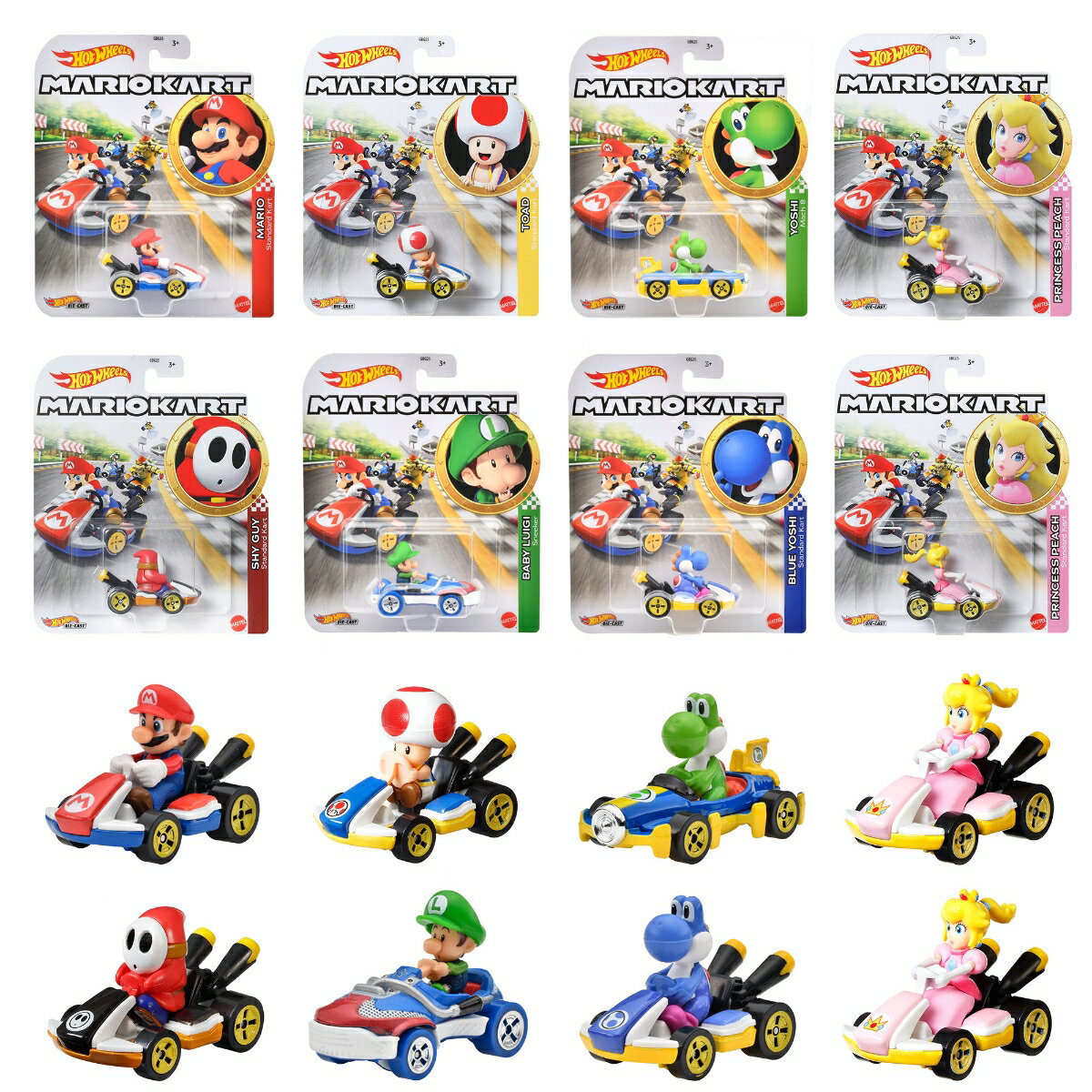 【内容】マリオカートのダイキャストカーの新しいアソートが登場！「あおヨッシー/スタンダードカート」を含む全7種類のラインアップとなっています。
【内訳】マリオ/スタンダードカート（Mario, Standard Kart）x1、ベビィルイージ／スニーカート（Baby Luigi, Sneeker）x1、あおヨッシー/ スタンダードカート（Blue Yoshi, Standard Kart）x1、ヨッシー/Gフォース　（Yoshi, Mach 8）x1、キノピオ/スタンダードカート（Toad, Standard Kart）x1、ピーチ/スタンダードカート（Princess Peach, Standard Kart）x2、ヘイホー/スタンダードカート（Shy Guy, Standard Kart）x1、合計8点
【原産国】タイ 【対象年齢】3歳〜
【BOX入り】BOX販売のため、専用の段ボールに入っています。専用段ボールは商品がピッタリ収まるため、大切なコレクションを保管するのに最適です。
【Brandについて】カリフォルニア生まれ 1秒間に16台売れているミニカー。
【ホットウィール】Hot Wheels＝「かっこいい車！」独特な南カルフォルニア風の外観、高速に動くホイール、（当時の最新技術！）そして 赤いラインの入ったタイヤ。現在、世界で一番売れているミニカーです。
【プレゼントに最適】お誕生日、クリスマスプレゼント、入園・入学祝いなど記念日でのプレゼントにぴったりです。【対象年齢】：3歳以上【商品サイズ (cm)】(幅×高さ×奥行）：14×16.5×3.4