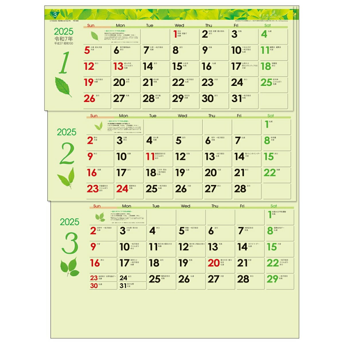 2025年 トーダン 壁掛けカレンダー グリーン3ヶ月eco M（上から順 / ミシン目 / 日付マーカー付） 53.5 x 38 cm TD-30940 / 実用・スケジュール