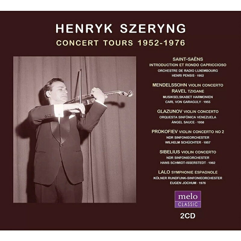 ヘンリク・シェリング／演奏会楽旅 1952-1976

20世紀半ばの偉大なヴァイオリニスト、ヘンリク・シェリング[1918-1988]の様々な協奏曲、オーケストラ伴奏の作品の録音を集めています。
　シェリングは多くの商業録音を残し、そこから端正で美しいヴァイオリンという印象が広まりました。ベルゲンでのメンデルスゾーンの協奏曲ではそのイメージ通りのキリリと美しい演奏。ところが同じ時のラヴェルの『ツィガーヌ』では猛烈な緩急をつけて、しばしばオーケストラを振り切らんばかりになり、14年後の商業録音とは別人のよう。我々の知っている整ったシェリングの中には、激しい情熱が燃えていることを分からせる演奏です。シェリングと名匠ハンス・シュミット＝イッセルシュテット音楽作りの方向性が一致していて、ここに収録されているシベリウスの協奏曲でも非常に完成度が高いもの。グラズノフのヴァイオリン協奏曲はシェリングが商業録音を残さなかった曲ですが、彼はこの曲とは相性が良かったようで、素敵に仕上がっています。ルツェルンでオイゲン・ヨッフムが伴奏指揮したラロの『スペイン交響曲』はステレオ録音。（輸入元情報）

【収録情報】
1. サン＝サーンス：序奏とロンド・カプリチオーソ イ短調 Op.28
　アンリ・ペンシス指揮、ルクセンブルク放送交響楽団
　1952年1月17日　ルクセンブルク（ライヴ録音）

2. メンデルスゾーン：ヴァイオリン協奏曲ホ短調 Op.64
3. ラヴェル：ツィガーヌ
　カール・フォン・ガラグリ指揮、ハルモニエン音楽協会（現ベルゲン・フィル）
　1955年5月26日　ノルウェー、ベルゲン（ライヴ録音）

4. シベリウス：ヴァイオリン協奏曲ニ短調 Op.47
　ハンス・シュミット＝イッセルシュテット指揮、NDR交響楽団
　1962年9月24日　西ドイツ、ハンブルク（放送スタジオ録音）

5. プロコフィエフ：ヴァイオリン協奏曲第2番ト短調 Op.63
　ヴィルヘルム・シュヒター指揮、NDR交響楽団
　1957年10月16日　西ドイツ、ハンブルク

6. グラズノフ：ヴァイオリン協奏曲イ短調 Op.82
　アンヘル・サウチェ指揮、ヴェネズエラ交響楽団
　1958年4月11日　ヴェネズエラ、カラカス

7. ラロ：スペイン交響曲
　オイゲン・ヨッフム指揮、ケルン放送交響楽団
　1976年9月7日　スイス、ルツェルン（ライヴ録音）

　ヘンリク・シェリング（ヴァイオリン）

　モノラル録音（1-6）、ステレオ録音（7）
　簡易収納紙ケース仕様

Powered by HMV