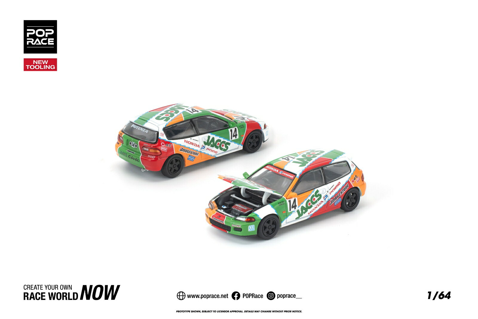 1990年代、日本ツーリングカー選手権（JTCC）グループAで活躍したホンダ・シビック EG6を、象徴的なJACCSリバリーで再現したモデルが登場。
短期間ながらも強烈な印象を残したレース仕様を、POP RACEが1/64スケールで精密にモデル化しました。
フロントフードは開閉可能で、内部にはレースカーらしい緻密なエンジンディテールを搭載。
実車の雰囲気を色濃く反映したカラーリングとプロポーションが、当時のツーリングカーシーンを鮮やかに蘇らせます。
グループAファンやJDMレースカー好きには見逃せない一台です。

※メーカー都合により大幅な発売延期や発売中止が発生する場合がございます。予めご了承ください。

・ホビー系商品についての諸注意
メーカー都合により発売の大幅な延期が発生する可能性がございます。
予約商品についてはメーカーから順次入荷次第の発送となります。メーカー公表の発売日とは異なる場合がございますのでご了承ください。【対象年齢】：15歳以上