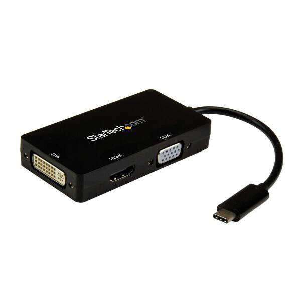 USB-Cマルチアダプタ。USB-C対応のコンピュータをVGA、DVI、HDMIディスプレイに接続できるポータブルソリューションです。

【携帯を想定したオールインワン型ビデオアダプタ】
スリーインワン（3-in-1）タイプのビデオアダプタにより、ディスプレイごとに異なるアダプタを携帯する必要がなくなります。VGA、DVI、HDMIの3種類の出力に対応し、ノートパソコンをあらゆるタイプのディスプレイに接続可能です。

【驚きの画質を実現】
HDMI出力では、4K解像度に対応しており、HD解像度1080pの4倍にあたる高画質を提供します。すべての出力（HDMI/VGA/DVI）で1920 x 1200のHD解像度に対応しています。

【優れた携帯性】
プラグアンドプレイ対応のUSB-Cマルチアダプタは、携帯に最適なアクセサリです。3種類のビデオ出力オプションに対応しながら、ノートパソコンバッグに軽く収まります。外出先でどんなディスプレイを使用していても対応できるため、BYOD（私物デバイス持ち込み）用途で便利です。

StarTech.comでは、本製品に3年間保証と無期限無料技術サポートを提供しています。