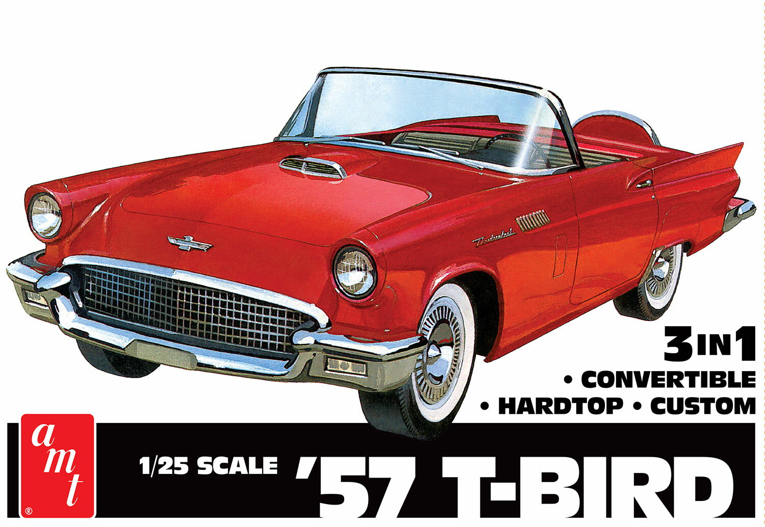 ●初代サンダーバードを3in1で楽しむ
アメリカのフォードが1955年から発売したスペシャリティカー、サンダーバードの1957年型を1/25スケールで再現したプラスチックモデル組み立てキットです。

実車について
フォードがラインアップしていたスペシャリティカーの一つがフォード・サンダーバードです。
最初のモデルは1954年のデトロイトショーで発表され、翌55年から発売されました。
フロントエンジンリヤドライブの2シーターボディを持ち、取り外し式のハードトップを装備。
ハードトップにはポートホールと呼ばれる丸窓が設けられスタイリングの特徴となって人気を集めました。
1957年型は初代モデルの最終年式モデルです。
57年式ではリアのオーバーハングが延長されたり、テールフィンが追加されるなどの変更が加えられ、エンジンは4.8リッターのV8、5.1リッターのV8が用意されました。
シボレーのコルベットの対抗馬として位置づけられながらラグジュアリーカーとしての性格も付加したことから女性にも人気を集めたのです。

モデルについて
モデルはフォードのスペシャリティカー、サンダーバードの1957年型を1/25スケールで再現したプラスチックモデル組み立てキットです。
ラグジュアリームードも漂う2シーターのボディスタイルを実感たっぷりにモデル化しています。
キットはハードトップ仕様とコンバーチブル仕様、さらにカスタム仕様を選んで組み立てられる3in1キット。
サンダーバードのお好きなスタイルを選んで組み立てられるのが楽しみです。
フロントのボンネットは取り外しが可能で、もちろんボンネットの下にはV型8気筒エンジンもモデル化されています。
配線などのディテールアップに腕をふるってみるのも良いでしょう。
また、フロントバンパー、グリル、ホイールなど、メッキパーツで仕上がりを高めます。
シャーシは立体感あふれる彫刻表現やサスペンションパーツなどで仕上がりはリアリティも十分です。
また、バスタブ式のインテリアもシート、ダッシュボードとステアリングパーツなど、当時の雰囲気も味わえます。
アメ車ファンには見逃せないキットです。

●1/25スケールで1957年型のフォード・サンダーバードを再現
●V型8気筒エンジンも再現されたフルディテールキット
●ハードトップ、コンバーチブル、カスタムを選べる3in1【対象年齢】：