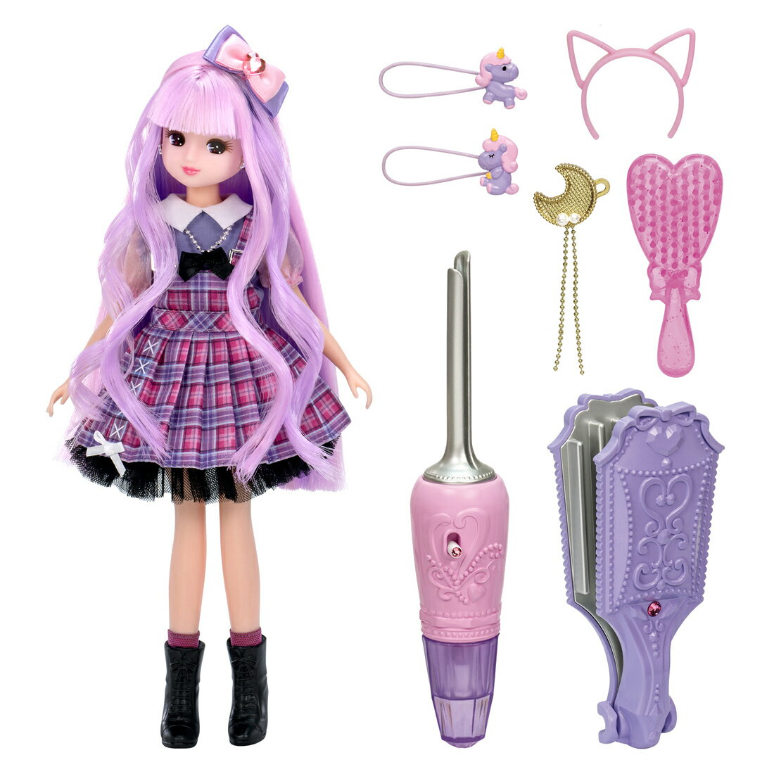 クルっと今っぽ！！カールヘアアレンジが楽しめる、にじキュンカールリカちゃんがスペシャルプライスで登場！付属のスピンカーラーで、自動で髪を巻き付け、簡単にゆるふわカールが作れます。また、ワッフルメーカーで挟むだけで、ワッフルヘアも作れます。2色のカラフルな髪色に付属のアクセサリーでヘアアレンジも楽しめます。ストレートヘアに戻したいときは、髪を手で温めながら付属のブラシで梳かし、繰り返し遊べます。セット内容にじキュンカールリカちゃん（ドレス・下着・カチューシャ・イヤリング着用）(1),スピンカーラー(1),ワッフルメーカー(1),ムーンバレッタ(1),ユニコーンポニー(2),ネコ耳カチューシャ(1),ハートブラシ(1),ソックス(1),クツ(1),スタンド(1)【対象年齢】：3才〜