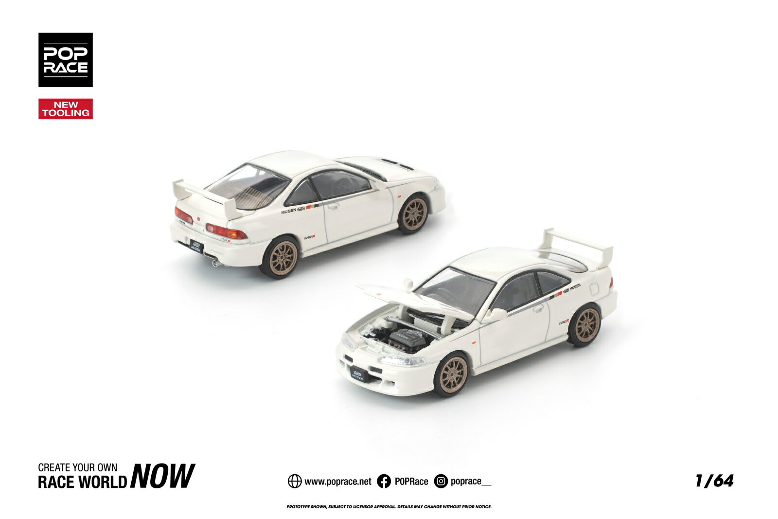 ホンダチューニングの象徴ともいえる存在、**MUGEN（無限）**が手掛けたインテグラDC2が、POP RACEより待望の新金型で登場。
フロストホワイトのボディにゴールドアクセントのホイールを組み合わせ、MUGENならではの機能美とレーシングスピリットを1/64スケールで精密再現。
開閉可能なフロントフードを備え、内部には緻密に造形されたエンジンディテールを搭載しています。
POP RACE初のMUGENモデルとして、コレクター必見の一台。

※掲載写真は試作品です。実際の製品とは異なる場合がございます。
※本製品はライセンサー監修のもと開発中のため、仕様および細部は予告なく変更となる場合があります。
※メーカー都合により大幅な発売延期や発売中止が発生する場合がございます。予めご了承ください。

・ホビー系商品についての諸注意
メーカー都合により発売の大幅な延期が発生する可能性がございます。
予約商品についてはメーカーから順次入荷次第の発送となります。メーカー公表の発売日とは異なる場合がございますのでご了承ください。【対象年齢】：15歳以上