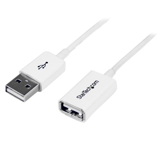 USB 2.0対応延長コード（A-A ホワイト）。USB-AオスコネクタとUSB-Aメスコネクタが各1本ついており、USB 2.0対応デバイスの接続距離を最長3m延長します。周辺機器をより便利な場所に配置したり、USB ポート周りに余裕を持たせることができます。

薄型USBモールドコネクタを使用しており、接続が簡単で狭い場所でも配線が簡単にできる延長ケーブルです。

この高品質USB 2.0延長ケーブルは、優れた耐久性を実現するよう設計・製造されています。StarTech.com では、ライフタイム保証を提供しています。