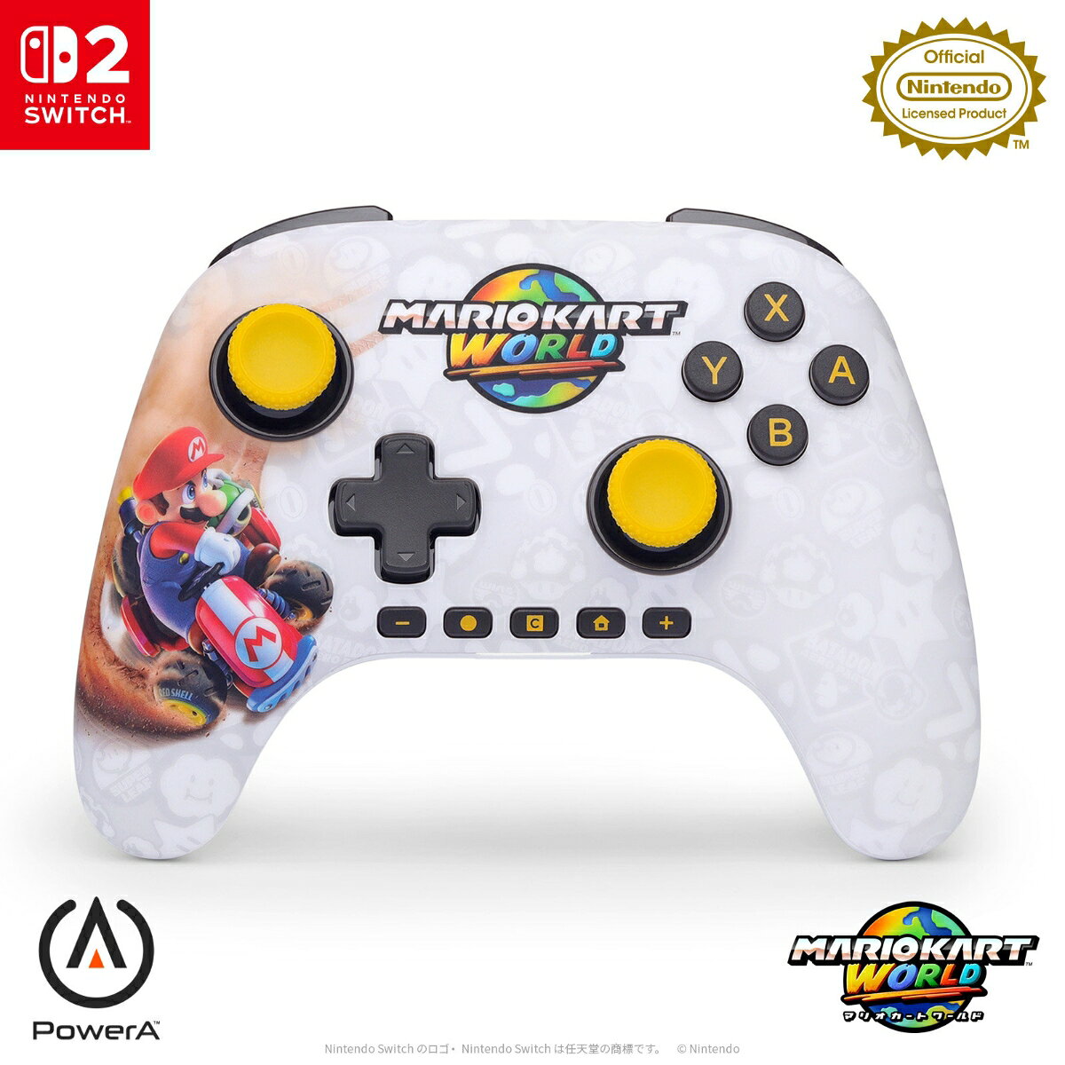 マリオがカートに乗って駆け巡る『マリオカート ワールド』デザインの、Nintendo Switch 2 に対応した任天堂ライセンスのワイヤレスコントローラー。 ホールエフェクトセンサー、Cボタンやカスタマイズ可能なアドバンスドゲーミングボタン、モーションセンサーなど、ゲームのパフォーマンスを高める多数の機能を備えています。国内正規品2年保証。


【デザイン】マリオがカートに乗って駆け巡る『マリオカート ワールド』デザインのワイヤレスコントローラー。
【ホールエフェクトセンサー】スティックボタンのドリフト（誤作動）を防止。高耐久かつ高精度な操作が可能。
【アドバンスドゲーミングボタン】背面2箇所に搭載されたボタンに、好みの操作を割り当て可能。
【モーションセンサー搭載】加速度センサー／ジャイロセンサー対応。
【Cボタン】ゲームチャット機能に対応。
【ワイヤレス】1回の充電で最長30時間*使用可能。3mのUSB-C充電ケーブル付属。
【人間工学に基づいたデザイン】軽量で、長時間でも快適に操作できる設計。
【摩擦防止リング】スムーズなスティックボタン操作が可能。
【任天堂ライセンス商品】Nintendo Switch 2 、Nintendo Switch、Nintendo Switch（有機ELモデル）、Nintendo Switch Lite 対応。
【国内正規品限定2年保証】詳細はPowera.com/ja-jp/contact-us/をご確認ください。
※本品は以下の機能を搭載していないため、ソフトのプレイや本体機能の使用時に一部制限があります。（amiiboの読み書き、NFC: 近距離無線通信、Switch 2 本体のスリープ解除、オーディオジャック、HD振動2、Switch 2 本体のスリープ解除、Joy-Con2専用ゲーム、モーションIRカメラ）
※バッテリーの連続使用時間は使用状況によって異なります。


■同梱物
USB-C充電ケーブル (3m)、ユーザーマニュアル、コンプライアンス


&copy; 2026 ACCO Brands. PowerA およびPowerA ロゴはACCO Brandsの登録商標または商標です。
Nintendo Switchのロゴ・Nintendo Switchは任天堂の商標です。
&copy; Nintendo
Bluetooth&reg; ワードマークおよびロゴは登録商標であり、Bluetooth SIG, Inc. が所有権を有します。
ACCO Brandsは使用許諾の下でこれらのマークおよびロゴを使用しています。
その他の商標および登録商標は、それぞれの所有者の商標および登録商標です。
USB-C&reg;は、USB Implementers Forumの登録商標です。