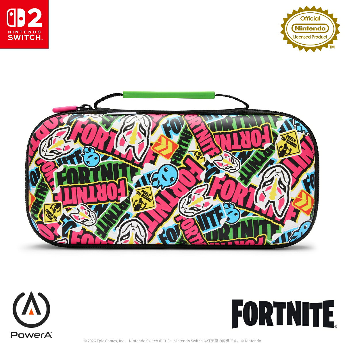『Fortnite』らしさあふれるステッカーをあしらった、Nintendo Switch 2 対応の任天堂公式ライセンスのプロテクションケース。ケース外側は頑丈で耐久性に優れたPU素材を使用し、充実した収納力も備えており、いつでもどこでも快適に Nintendo Switch 2 を楽しめます。国内正規品2年保証。


【購入特典】ボーナスのバーチャルアイテム用コード「スカイバウンド ロングボード（グライダー）」
【デザイン】『Fortnite』らしさあふれるステッカーをあしらった、プロテクションケース。
【本体保護】ケース外側は頑丈で耐久性に優れたPU素材で、Nintendo Switch 2 本体がぴったりフィットする内部形状。
【収納ポケット】ゲームカードを最大9枚、microSD Expressカードを最大2枚収納可能。
【スタンド機能】Nintendo Switch 2 本体を立てかけてテーブルモードで遊べる。
【画面保護】収納ポケット裏面にNintendo Switch 2 本体のスクリーンを保護するパッド付き。
【メッシュポケット】Joy-Con 2 ストラップ、イヤホン、充電ケーブルなどの小物を収納可能。
【持ち手ハンドル】ケース外側にラバー製ハンドル付き。
【任天堂ライセンス商品】Nintendo Switch 2 、Nintendo Switch、Nintendo Switch（有機ELモデル）対応。
【国内正規品限定2年保証】 詳細はPowera.com/ja-jp/contact-us/をご確認ください。
※Nintendo Switch 2 本体、Joy-Con&trade; 2、ゲームカードは付属していません。



ユーザーマニュアル、コンプライアンス、バーチャルアイテムコード&copy; 2026 ACCO Brands. PowerA およびPowerA ロゴはACCO Brandsの登録商標または商標です。
Nintendo Switchのロゴ・Nintendo Switchは任天堂の商標です。
&copy; Nintendo
&copy; 2025 Epic Games, Inc. 無断複写・転載を禁じます。Fortnite/フォートナイトおよびそのロゴは、米国(米国特許商標庁で登録)およびその他の国々におけるEpic Gamesの商標です。
Bluetooth&reg; ワードマークおよびロゴは登録商標であり、Bluetooth SIG, Inc. が所有権を有します。
ACCO Brandsは使用許諾の下でこれらのマークおよびロゴを使用しています。
その他の商標および登録商標は、それぞれの所有者の商標および登録商標です。
USB-C&reg;は、USB Implementers Forumの登録商標です。