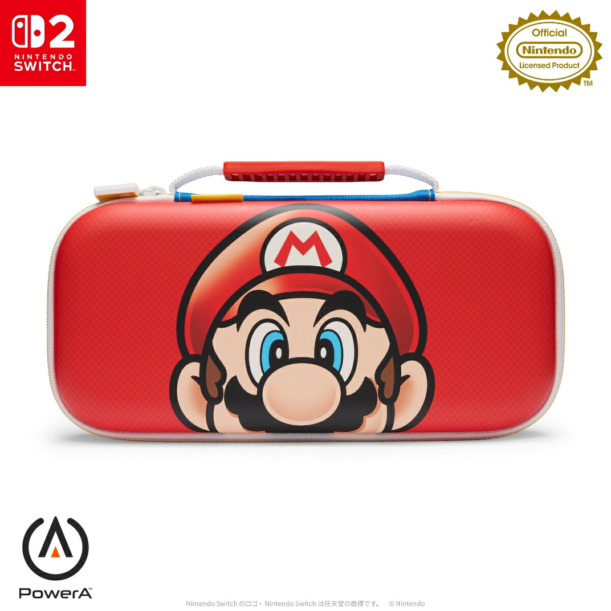 マリオのフェイスがそのままケースになった、Nintendo Switch 2 対応の任天堂公式ライセンスのプロテクションケース。ケース外側は頑丈で耐久性に優れたPU素材を使用し、充実した収納力も備えており、いつでもどこでも快適に Nintendo Switch 2 を楽しめます。国内正規品2年保証。


【デザイン】マリオのフェイスがそのままケースになった、プロテクションケース。
【本体保護】ケース外側は頑丈で耐久性に優れたPU素材で、Nintendo Switch 2 本体がぴったりフィットする内部形状。
【収納ポケット】ゲームカードを最大9枚、microSD Expressカードを最大2枚収納可能。
【スタンド機能】Nintendo Switch 2 本体を立てかけてテーブルモードで遊べる。
【画面保護】収納ポケット裏面にNintendo Switch 2 本体のスクリーンを保護するパッド付き。
【メッシュポケット】Joy-Con 2 ストラップ、イヤホン、充電ケーブルなどの小物を収納可能。
【持ち手ハンドル】ケース外側にラバー製ハンドル付き。
【任天堂ライセンス商品】Nintendo Switch 2 、Nintendo Switch、Nintendo Switch（有機ELモデル）対応。
【国内正規品限定2年保証】 詳細はPowera.com/ja-jp/contact-us/をご確認ください。
※Nintendo Switch 2 本体、Joy-Con&trade; 2、ゲームカードは付属していません。



ユーザーマニュアル、コンプライアンス&copy; 2026 ACCO Brands. PowerA およびPowerA ロゴはACCO Brandsの登録商標または商標です。
Nintendo Switchのロゴ・Nintendo Switchは任天堂の商標です。
&copy; Nintendo
ACCO Brandsは使用許諾の下でこれらのマークおよびロゴを使用しています。
その他の商標および登録商標は、それぞれの所有者の商標および登録商標です。