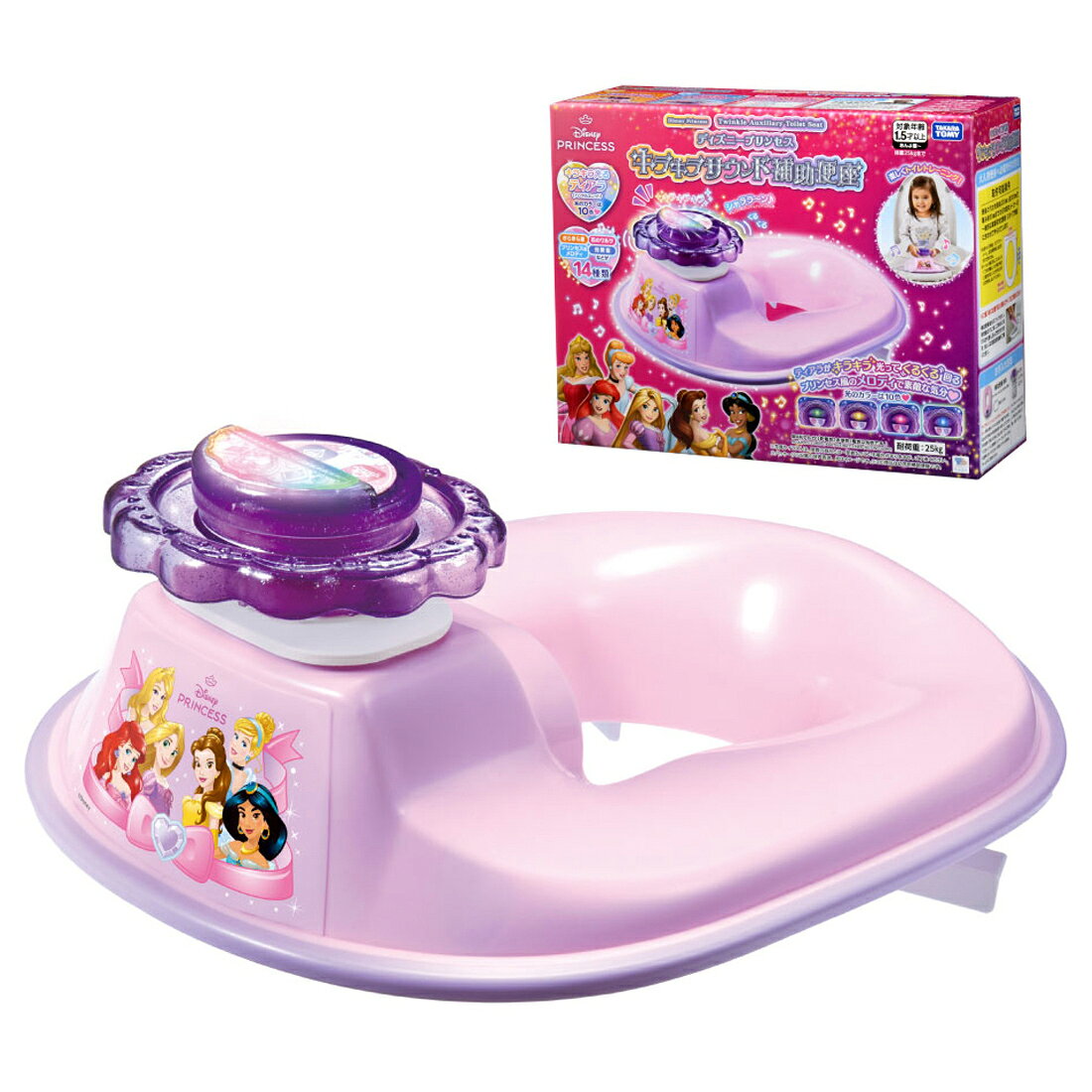 ティアラがキラキラ光ってくるくる回る♪プリンセス風のメロディで楽しくトイレトレーニング♪ティアラがキラキラ光ってくるくる回る♪プリンセス風のメロディで楽しくトイレトレーニング♪【対象年齢】1．5歳〜・プリンセス風のメロディや、きらきら星、かわいい効果音など14種類を収録！・ティアラ（ハンドルユニット）は10色に光りますさらに補助便座としての便利機能も充実！・工具不要で便座に簡単取り付け・ティアラ（ハンドルユニット）を取り外せば、丸洗いも可能※体重25kgまで【セット内容】本体(1),ハンドルユニット(1),防水パッキン(1),取扱説明書(1)【対象年齢】：1才6ヶ月〜