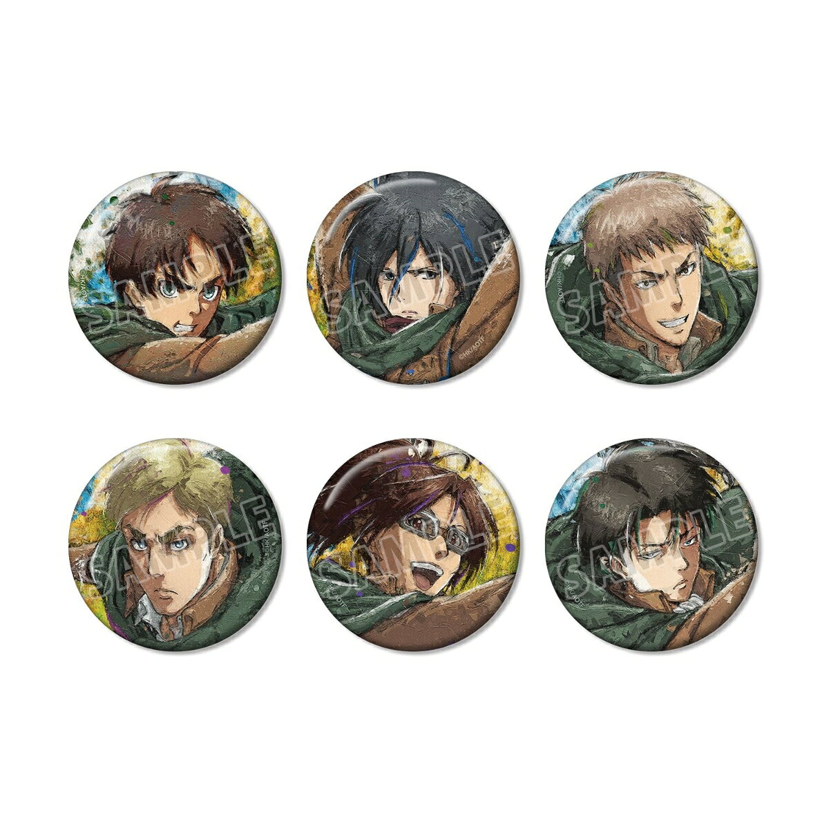 TVアニメ『進撃の巨人』より、トレーディング grunge CANVAS 缶バッジの登場です。
エレン、ミカサ、ジャン、エルヴィン、ハンジ、リヴァイのイラストを新たなタッチで魅力的に表現し、缶バッジに仕上げました。
カバンや小物につけたり、お部屋に並べて飾ったり、キャラクターとの日常をお楽しみください。

※「grunge CANVAS（グランジカンヴァス）シリーズ」はキャラクターイラストへ重厚な油彩テイストの加工を施し、アーティスティックな表現で描いたAMNIBUSのオリジナル商品です。

素材：紙、ブリキ
サイズ：（約）直径56mm
※ 単品販売は全6種のうち、いずれか1種ランダムとなります。

※ BOX販売は6パック入りとなります。