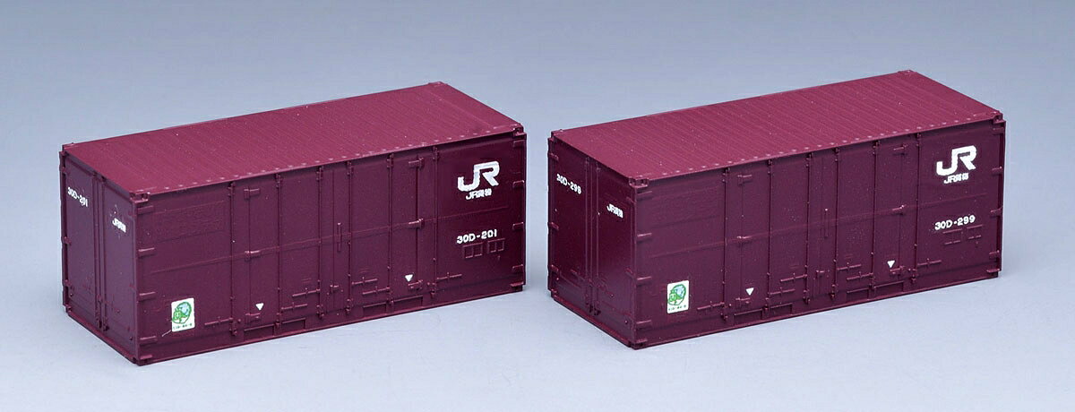 30D形コンテナは、2006年に製造されたJR貨物所有の20フィート級有蓋コンテナで、両側・妻面の三方開き形状です。
近年JRマークのみとなった新塗装となりました。

特徴
●JRFマーク、エコレールマークは印刷済み
●番号は2種類で印刷済み

製品内容
●30D-201
●30D-299

パッケージ形態
ウインド付紙箱吊り下げ式

・ホビー系商品についての諸注意
メーカー都合により発売の大幅な延期が発生する可能性がございます。
予約商品についてはメーカーから順次入荷次第の発送となります。メーカー公表の発売日とは異なる場合がございますのでご了承ください。【対象年齢】：