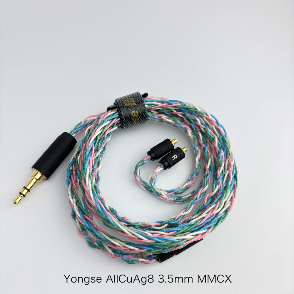 AllCuAg8（オールシーユーエージーエイト）もYongseのブランドとしてはエントリークラスに位置付けられます。
銅線の銀メッキではなく、銅と銀の合金を採用しており、1コアあたり133線を使用し左右合わせて8コア仕様となっております。
一本あたり0.03mmというリッツ線でウォームと解像度表現を両立するケーブルに仕上がっています。

◎Yongse （LIYANG BUCKS DIGITAL CABLES CO., LTD.）とは
2015年設立、中国・江南地域（リツ陽）に拠点を構えるケーブル専門メーカーです。
創業は2015年ですが、コアメンバーはケーブル業界において25年以上の経験を有しており、
設計・材料選定・量産管理に至るまで、豊富なノウハウを蓄積しています。

PC・スマートフォン向けデジタルケーブルに加え、
イヤホン／IEM用オーディオケーブルおよび各種精密コネクターの研究開発・製造を主力事業としています。
カスタマー要求仕様に応じたOEM／ODM開発を強みとし、導体構造設計、耐久性向上設計、
安定した信号伝送設計など、実使用を前提とした製品づくりを行っています。

強力な開発体制。専任R＆Dエンジニア：12名。品質管理担当：17名。第三者試験機関（TUV）との連携体制
単なる製造請負ではなく、設計段階からの技術提案型開発を行い、市場競争力のある製品仕様をご提案いたします。
国際安全基準への対応も進んでおり、当社製品は、UL（米国安全規格）対応、CE（EU適合規格）対応、
RoHS準拠など、国際的な安全・環境基準に適合しております。
北米・欧州市場での販売実績を有し、グローバル基準での品質・安全性を確保しています。

＜仕様＞
●素材：銅＋銀合金（2％純銀含）
●組方：8コア 7＊19 ／ 0.03
●インターフェイス：MMCX
●プラグ：3.5mm
●プラグ素材：銅＋24K金メッキ 外装：艶消し航空機グレードアルミニウム。オリジナル・スプリッター採用
●ケーブル長：120cm±2cm
