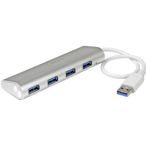 4ポート増設ポータブル USB 3.0 ハブ。MacBookはじめ、マットなシルバーで仕上げたスタイリッシュなノートパソコンにマッチするようデザインされています。シルバーサンドブラストのハブはApple製ノートパソコンと相性がよく、丈夫なアルミ製の筐体は軽量で耐久性に優れ、携帯用にもデスクトップ用にも適しています。

本体一体型のケーブルは、27cmと長めになっており、ハブやデバイスを必要に応じて柔軟に配置することができます。

＜接続機能を拡張するスタイリッシュなハブ＞
高品質なAppleスタイルのUSBハブは、コンパクトな筐体に4口のUSB 3.0（別名USB 3.1 Gen 1）ポートを備えており、MacBookの接続機能を手軽に拡張することができます。シルバーサンドブラスト仕上げを施したUSB ハブは、一般的なハブとは異なるユニークでスタイリッシュな外観になっており、MacBookやUltrabookなど、トレンディで現代的なスタイルのノートパソコンにマッチします。

本体一体型のUSBケーブルには十分な長さが取ってあり、USB 3.0ポートがノートパソコンのどこについていても引き回しが可能です。また、長めのケーブルは、デスク上でのハブ配置により多くのオプションを提供します。

＜携帯性と耐久性に優れたハブ＞
小型軽量設計のハブは携帯しやすく、ポータビリティを求めるユーザーに最適です。USBケーブルは本体一体型になっており、電源アダプタを別に持ち歩く必要がなく、外出用のバッグにも楽に収まります。

頑丈なアルミニウム筐体は衝撃に強く、家庭とオフィスの間を頻繁に移動する場合でも安心して携帯することができます。また、コンパクトなUSBハブはデスク上でスペースを取らないため、ホットデスク（複数ユーザーでのデスク共有）やBYOD（私物デバイス持ち込み）のオフィス環境にも最適です。

＜手間とコストを軽減＞
このバスパワー対応ハブは、プラグアンドプレイとホットスワップに対応しており、ドライバやソフトウエアが不要なので導入が非常に簡単です。ホットプラグと互換性もあり、コンピュータ稼働中にデバイスを挿抜することができます。このUSB 3.0ハブで既存のUSB 1.x／2.0デバイスの使用を継続できるため、新規デバイスを購入する手間とコストを省くことができます。

StarTech.comでは、本製品に2年間保証と無期限無料技術サポートを提供しています。
