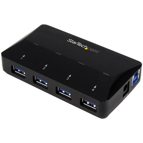 高速充電対応コンパクトUSB 3.0ハブ。コンピュータに4つのUSB機器を追加接続し、ハブについている充電専用ポート（DCP）でモバイル機器を簡単に高速充電することができます。モバイル端末ユーザーに必須のアクセサリです。

【iPad／iPhoneその他のモバイル端末の高速充電】
2.4Aの充電専用ポートにより、 Android、Apple、Samsungなどのスマートフォンやタブレット、その他USB対応デバイスを簡単に充電することができます。

充電ポートとデータポートは同時使用が可能なため、USB 3.0周辺機器を使いながらモバイル端末の充電ができ便利です。充電専用ポートは、ホストコンピュータの電源がオフ状態、スリープモード、接続が完全に切断された場合でも稼働状態を保ちます。

【コンピュータの接続機能を拡張】
このUSB 3.0 （別名USB 3.1 Gen 1）ハブは、5Gbpsの高速データ転送に対応する4口のUSB 3.0ポートを増設し、システム機能を拡張します。外付けハードドライブケース、フラッシュドライブ、高解像度ウェブカメラ、ビデオカメラなど、高い処理能力が必要な機器にも対応します。

【使いやすい設計】
この4ポートUSB 3.0ハブは、作業スペースで場所を取らない小型設計になっています。USB 3.0ポート間のスペースは広くとってあり、頻繁に使用するデバイスを簡単に挿抜することができます。

ドライバのインストールが不要なため、セットアップが簡単です。また、USB電源で使用することも、同梱の電源アダプタを使用して外部給電することも両方可能なため、柔軟性に優れたソリューションとなっています。

StarTech.comでは、本製品に2年間保証と無期限無料技術サポートを提供しています。

注意：充電専用ポートを使用する場合は、同梱の電源アダプタが必要となります。