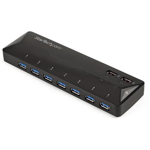 高速充電対応7ポートUSB 3.0ハブ。通常のデータハブとしての機能と、モバイル端末用充電ポート2口を提供します。MacBookなどのノートパソコンやデスクトップ コンピュータに7口の USB 3.0ポートと、2口の高速充電ポート（最大2.4A）を追加することができます。家庭、オフィス、ホットデスク環境などに最適なソリューションです。

【Android/iPad/iPhoneその他のモバイル端末の高速充電】
本製品には、2.4Aの充電専用ポート2口がついており、Android、Apple、Samsungなどのスマートフォンやタブレット、その他USB対応デバイスを簡単に充電することができます。充電ポートはハブの上部についており、アクセスしやすくなっています。

充電ポートとデータポートは同時使用が可能なため、USB 3.0周辺機器を使いながらモバイル端末の充電ができ便利です。ホストコンピュータの電源がオフ状態、スリープモード、接続が完全に切断された場合でも、デバイスの充電を継続することができます。

【コンピュータの接続機能を拡張】
このUSB 3.0 （別名USB 3.1 Gen 1）ハブは、7口のUSB 3.0ポートをワークステーションに増設し、作業効率を向上させます。5Gbpsの高速データ転送に対応しており、外付けハードドライブ、プリンタ、スキャナ、高解像度ウェブカメラ、ビデオカメラなど、高い処理能力が必要な機器にも対応します。

【使いやすい設計】
このUSB 3.0ハブは、ノートパソコン、デスクトップコンピュータの両方に適したアクセサリです。作業スペースで場所を取らない小型設計で、USB 3.0ポート間のスペースは広くとってあり、頻繁に使用するデバイスを簡単に挿抜することができます。また、ドライバのインストールが不要なため、すぐにセットアップが完了します。

StarTech.com では、本製品に2年間保証と無期限無料技術サポートを提供しています。