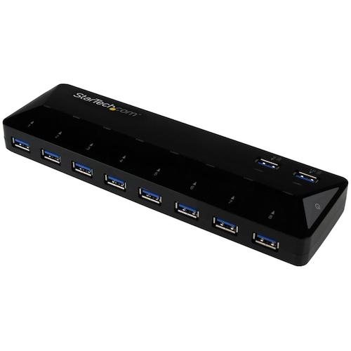 システム機能を大幅にアップする10ポートUSB 3.0ハブ。モバイル端末用急速充電ポートに加え、各種USBデバイスに簡単にアクセスできるため、ビジネスやホームオフィスに最適なソリューションです。

【モバイル端末の急速充電】
このハブには、1.5 アンペアの充電＆同期ポート2口がついており、スマートフォン、タブレットその他のモバイル端末の充電ステーションとして使用することができます。また、残りのデータポートには、重要な周辺機器のすべてを接続することができます。このハブはUSB充電仕様（USB Battery Charging Specification）1.2をサポートしており、Apple、Samsung Galaxy端末など、一般的なモバイル端末の充電に対応します。

【USB 3.0ポート10口で作業効率をアップ】
この10ポートハブは、システムを最大限にスケールアップできるよう設計されています。各種USBデバイスにすぐ手が届く状態にできるため、作業効率を大幅に向上させることができます。最大5GbpsのUSB 3.0転送レートをサポートし、外付けハードドライブケース、USBメモリ、高解像度ウェブカメラ、ビデオカメラなど、高い処理能力が必要な機器にも対応します。

【使いやすい設計】
コンパクトですっきりした形状のUSB 3.0 （別名 USB 3.1 Gen 1）ハブは、USBデバイスにアクセスしやすいようデスクや作業スペースに設置することができます。また、USB 3.0ポートの間隔を広くとってあるため、頻繁に使用するデバイスの挿抜が簡単です。

このUSB 3.0ハブは、マルチプラットフォーム互換です。Windows、Macなど、ほぼすべてのOSでネイティブサポートされており、ドライバのインストールなしで簡単に導入することができます。

StarTech.com では、本製品に2年間保証と無期限無料技術サポートを提供しています。