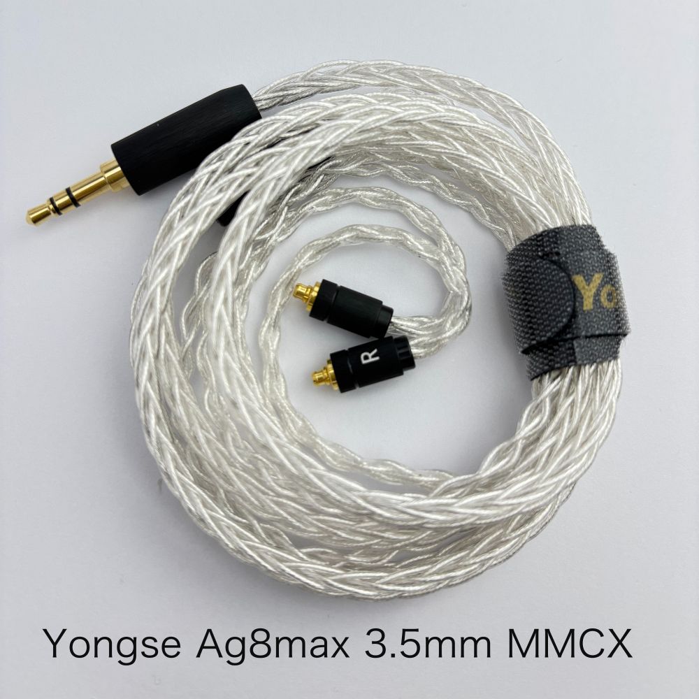 Ag8Max（エージーエイトマックス）はAg4及びAg8と同じく5N銀線を使用していますが、
1コアあたり3＊7 ／ 0.08の線数を使用しており、トータルの銀の含有量が大きく変わる内容となっています。
効果的に解像度を向上させ、伝送損失と歪みを低減します。

◎Yongse （LIYANG BUCKS DIGITAL CABLES CO., LTD.）とは
2015年設立、中国・江南地域（リツ陽）に拠点を構えるケーブル専門メーカーです。
創業は2015年ですが、コアメンバーはケーブル業界において25年以上の経験を有しており、
設計・材料選定・量産管理に至るまで、豊富なノウハウを蓄積しています。

PC・スマートフォン向けデジタルケーブルに加え、
イヤホン／IEM用オーディオケーブルおよび各種精密コネクターの研究開発・製造を主力事業としています。
カスタマー要求仕様に応じたOEM／ODM開発を強みとし、導体構造設計、耐久性向上設計、
安定した信号伝送設計など、実使用を前提とした製品づくりを行っています。

強力な開発体制。専任R＆Dエンジニア：12名。品質管理担当：17名。第三者試験機関（TUV）との連携体制
単なる製造請負ではなく、設計段階からの技術提案型開発を行い、市場競争力のある製品仕様をご提案いたします。
国際安全基準への対応も進んでおり、当社製品は、UL（米国安全規格）対応、CE（EU適合規格）対応、
RoHS準拠など、国際的な安全・環境基準に適合しております。
北米・欧州市場での販売実績を有し、グローバル基準での品質・安全性を確保しています。

＜仕様＞
●素材：5N銀線
●組方：8コア 3＊7 ／ 0.08
●インターフェイス：MMCX
●プラグ：3.5mm
●プラグ素材：銅＋24K金メッキ 外装：艶消し航空機グレードアルミニウム。オリジナル・スプリッター採用
●ケーブル長：120cm±2cm