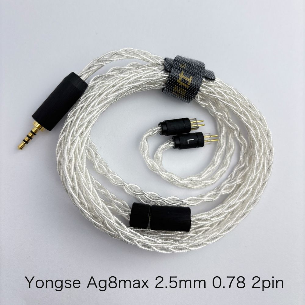 Ag8Max（エージーエイトマックス）はAg4及びAg8と同じく5N銀線を使用していますが、
1コアあたり3＊7 ／ 0.08の線数を使用しており、トータルの銀の含有量が大きく変わる内容となっています。
効果的に解像度を向上させ、伝送損失と歪みを低減します。

◎Yongse （LIYANG BUCKS DIGITAL CABLES CO., LTD.）とは
2015年設立、中国・江南地域（リツ陽）に拠点を構えるケーブル専門メーカーです。
創業は2015年ですが、コアメンバーはケーブル業界において25年以上の経験を有しており、
設計・材料選定・量産管理に至るまで、豊富なノウハウを蓄積しています。

PC・スマートフォン向けデジタルケーブルに加え、
イヤホン／IEM用オーディオケーブルおよび各種精密コネクターの研究開発・製造を主力事業としています。
カスタマー要求仕様に応じたOEM／ODM開発を強みとし、導体構造設計、耐久性向上設計、
安定した信号伝送設計など、実使用を前提とした製品づくりを行っています。

強力な開発体制。専任R＆Dエンジニア：12名。品質管理担当：17名。第三者試験機関（TUV）との連携体制
単なる製造請負ではなく、設計段階からの技術提案型開発を行い、市場競争力のある製品仕様をご提案いたします。
国際安全基準への対応も進んでおり、当社製品は、UL（米国安全規格）対応、CE（EU適合規格）対応、
RoHS準拠など、国際的な安全・環境基準に適合しております。
北米・欧州市場での販売実績を有し、グローバル基準での品質・安全性を確保しています。

＜仕様＞
●素材：5N銀線
●組方：8コア 3＊7 ／ 0.08
●インターフェイス：0.78 2Pin
●プラグ：2.5mm
●プラグ素材：銅＋24K金メッキ 外装：艶消し航空機グレードアルミニウム。オリジナル・スプリッター採用
●ケーブル長：120cm±2cm