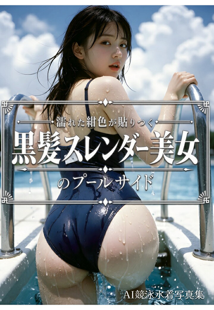 濡れた紺色が貼りつく黒髪スレンダー美女のプールサイド（POD）