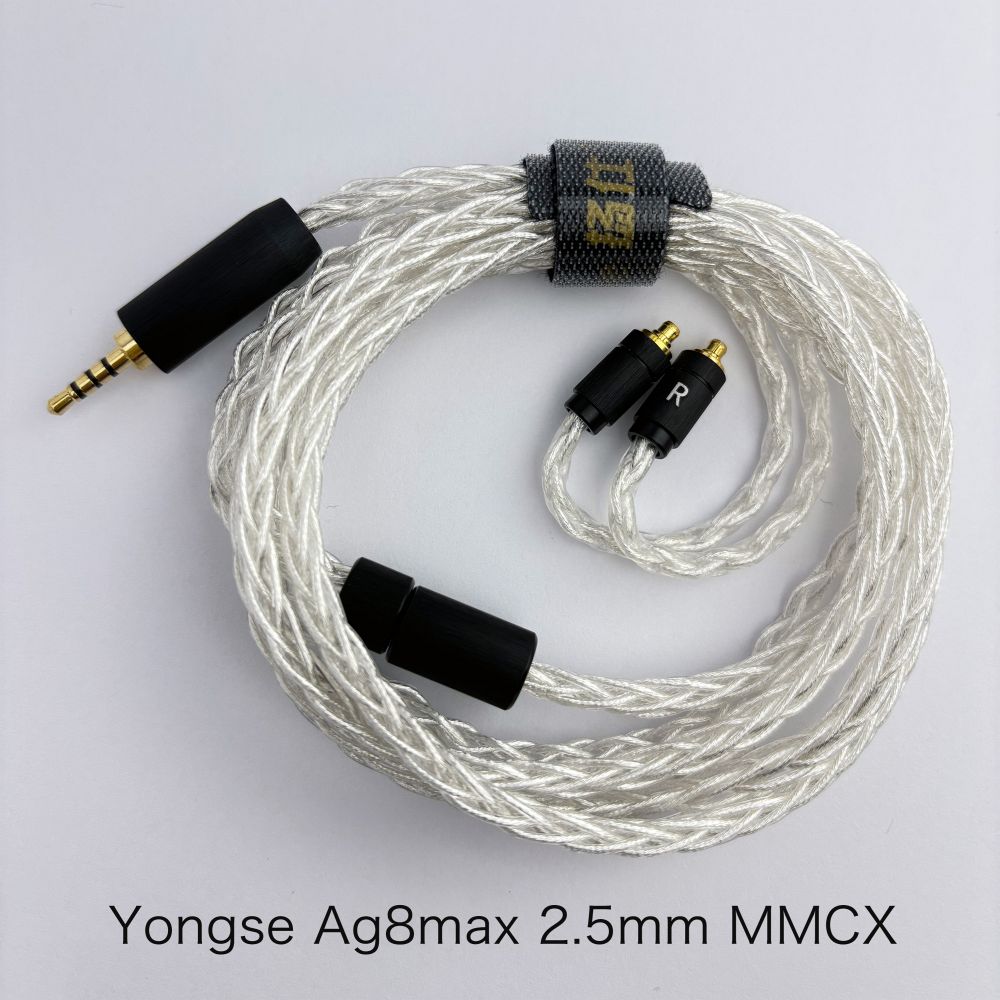 Ag8Max（エージーエイトマックス）はAg4及びAg8と同じく5N銀線を使用していますが、
1コアあたり3＊7 ／ 0.08の線数を使用しており、トータルの銀の含有量が大きく変わる内容となっています。
効果的に解像度を向上させ、伝送損失と歪みを低減します。

◎Yongse （LIYANG BUCKS DIGITAL CABLES CO., LTD.）とは
2015年設立、中国・江南地域（リツ陽）に拠点を構えるケーブル専門メーカーです。
創業は2015年ですが、コアメンバーはケーブル業界において25年以上の経験を有しており、
設計・材料選定・量産管理に至るまで、豊富なノウハウを蓄積しています。

PC・スマートフォン向けデジタルケーブルに加え、
イヤホン／IEM用オーディオケーブルおよび各種精密コネクターの研究開発・製造を主力事業としています。
カスタマー要求仕様に応じたOEM／ODM開発を強みとし、導体構造設計、耐久性向上設計、
安定した信号伝送設計など、実使用を前提とした製品づくりを行っています。

強力な開発体制。専任R＆Dエンジニア：12名。品質管理担当：17名。第三者試験機関（TUV）との連携体制
単なる製造請負ではなく、設計段階からの技術提案型開発を行い、市場競争力のある製品仕様をご提案いたします。
国際安全基準への対応も進んでおり、当社製品は、UL（米国安全規格）対応、CE（EU適合規格）対応、
RoHS準拠など、国際的な安全・環境基準に適合しております。
北米・欧州市場での販売実績を有し、グローバル基準での品質・安全性を確保しています。

＜仕様＞
●素材：5N銀線
●組方：8コア 3＊7 ／ 0.08
●インターフェイス：MMCX
●プラグ：2.5mm
●プラグ素材：銅＋24K金メッキ 外装：艶消し航空機グレードアルミニウム。オリジナル・スプリッター採用
●ケーブル長：120cm±2cm