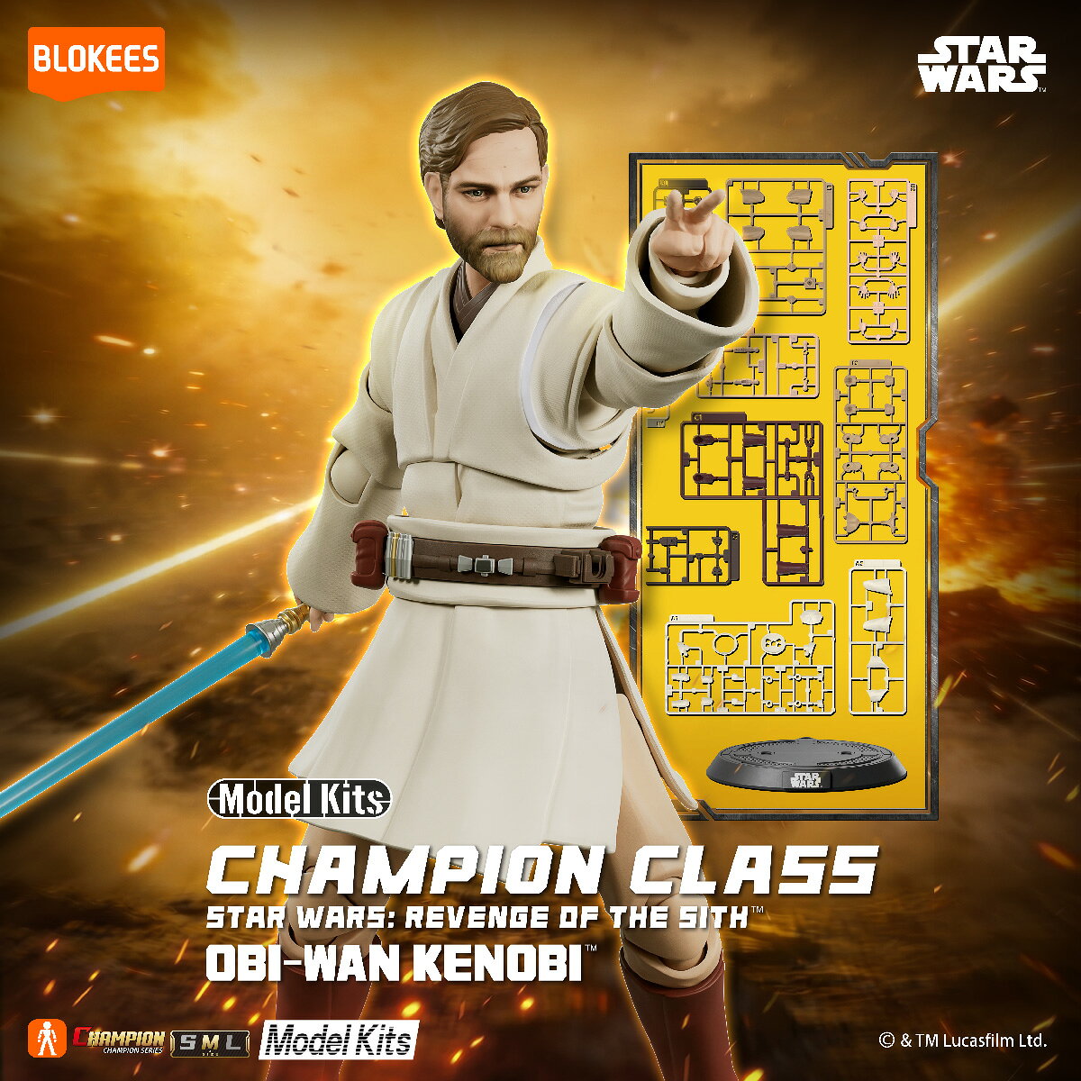 Blokees スター・ウォーズ シスの復讐 CHAMPION CLASS09 オビ=ワン・ケノービが登場!
『スター・ウォーズ 』に登場するオビ=ワン・ケノービを、「Champion Class」シリーズで立体化。

劇中の衣装や特徴的なスタイルを細部まで再現し、全身に豊富な可動ポイントを搭載。
さまざまなポージングを楽しむことができます。

ライトセーバーは、収納状態・展開状態に加え、斬撃シーンをイメージしたエフェクト付きの形態も付属。
腰部にはライトセーバーを装着することも可能です。
さらに、オビ=ワンを象徴する「ソレス」の構えを再現できる専用手首をはじめ、豊富な交換用手首が付属し、劇中をイメージした多彩なポーズを再現できます。

衣装のスカート部分にはPVC素材を採用し、布地を思わせる質感を表現。
造形・可動・付属品を兼ね備えた、ディスプレイ性の高い組立式アクションフィギュアです。

商品内容:
・組立式本体×1
・ライトセーバーパーツ一式
・交換用手首一式
・台座×1
・説明書×1

素材:ABS、POM(一部PVCパーツ使用)
商品サイズ:約15cm
ボックスサイズ:150×250×90mm
カートンサイズ:315×285×275mm

※海外仕入商品の為、多少の箱潰れが発生する可能性がございます。
箱潰の交換は出来かねます。
ご了承ください。

(C) & TM Lucasfilm Ltd.

・ホビー系商品についての諸注意
メーカー都合により発売の大幅な延期が発生する可能性がございます。
予約商品についてはメーカーから順次入荷次第の発送となります。メーカー公表の発売日とは異なる場合がございますのでご了承ください。【対象年齢】：14歳以上