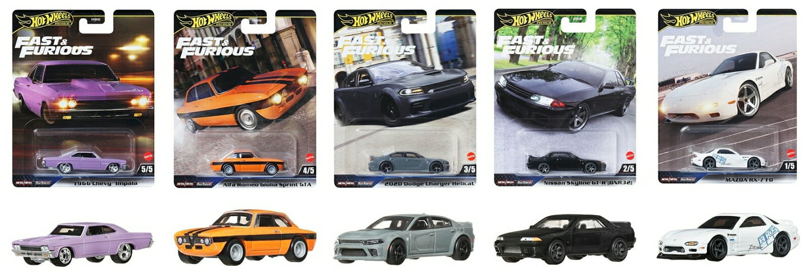 【楽天ブックス限定特典】【セット商品】ホットウィール(Hot Wheels) ワイルド・スピード 1966 シェビー インパラ+アルファロメオ ジュリア スプリント GTA+2020 ダッジチャージャー ヘルキャット+日産 スカイライン GT-R (BNR32)+マツダ RX-7 FD(アクリルキーホルダー)
