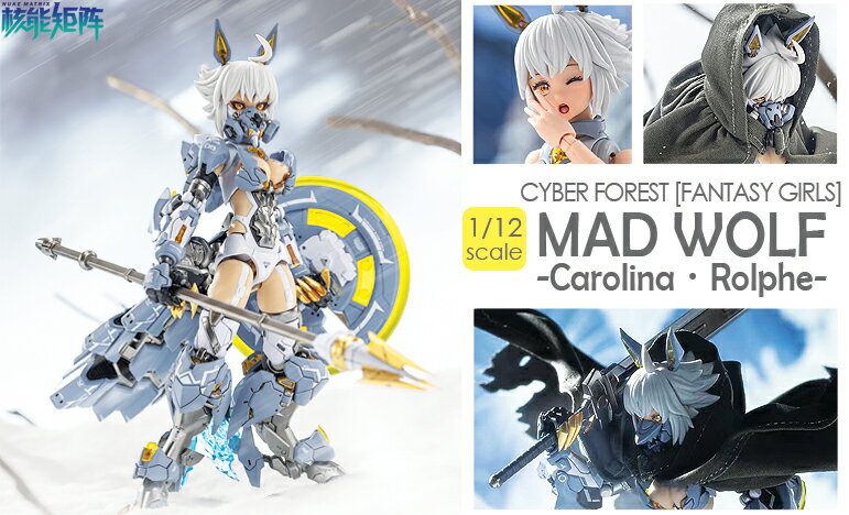 NUKE MATRIX製美少女メカプラモデルシリーズから新製品、通称MAD WOLFが登場します！

素体×1、素体(武装)×1、顔パーツ×3、印刷無し顔パーツ×12、デカール×2、ブースター×1補助ブースター×1、マスク×2種、交換用ハンドパーツ×6セット、クロー4種×各1セット、大剣×1ラジエーター×2、斧(銃に変形)×1、シールド×1、スピア×1、手斧×2、手斧(攻撃時)×2 が付属。

■ディスプレイスタンド付き
■一部パーツ塗装済み
■完成サイズ：約170mm【対象年齢】：【商品サイズ (cm)】(高さ）：17