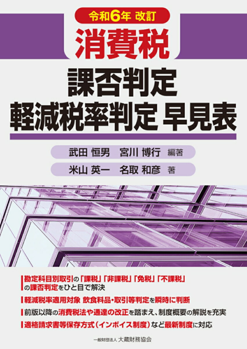 勘定科目別取引の「課税」「非課税」「免税」「不課税」の課否判定をひと目で解決。軽減税率適用対象飲食料品・取引等判定を瞬時に判断。前版以降の消費税法や通達の改正を踏まえ、制度概要の解説を充実。適格請求書等保存方式（インボイス制度）など最新制度に対応。