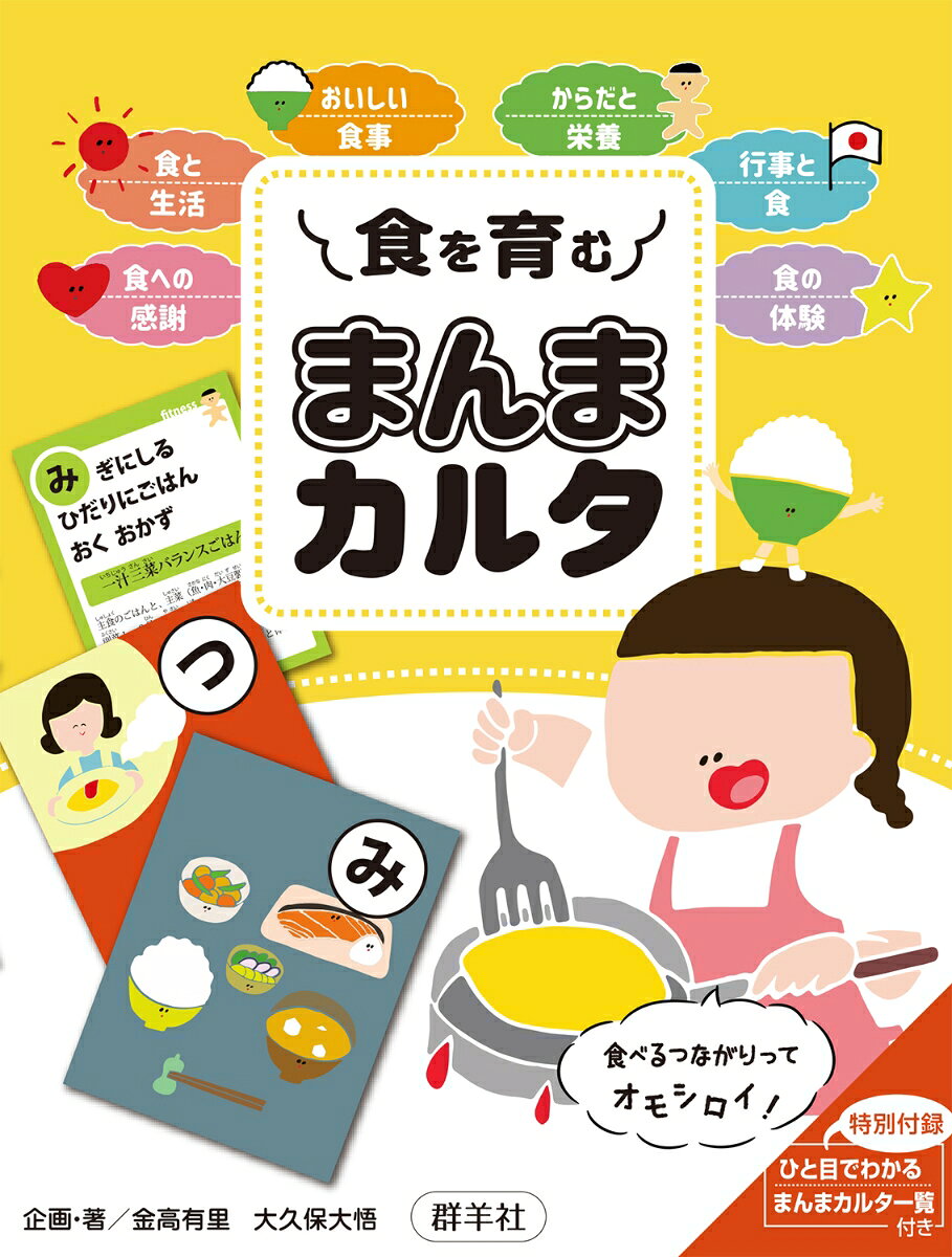 料理、栄養、食習慣、行事、食体験、感謝の心などをテーマに、ほっこりとするかわいいイラストの絵札と、リズミカルで読みやすい読み札46組。カルタ遊びを通して、食べ物と人・地域・自然とのつながりを知ることができます。
読み札は説明文付き。大人の方が読んであげると、札の意味を確認でき、「食の学び」を深めることができます。
特別付録として、カルタの札をテーマ別に分類した「ひと目でわかるまんまカルタ一覧」付き。札の位置づけやほかの札とのつながりをイメージでき、食生活の振り返りにも活用できます。
札のサイズ：82×62mm　一覧表のサイズ：250×330mm（片面カラー印刷、四つ折り）

“まんま”の意味は3つあります！
まんま＝ごはん、そのまんま＝ありのまま、マンマ＝お母さん
まずは“ありのまま”のあなたの感覚で遊んでみてください。そして、好奇心の赴くままに、食べ 物やその周辺のことについて探求してみてください。
食べ物をきっかけとした「人・地域・自然」とのつながりの中で、探究心や知識、考え方・見え方 のバランスを、楽しみながらゆっくり育んでいきましょう。
