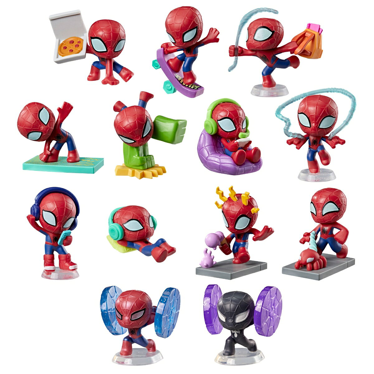 ■商品の主な特徴
【スパイダーマン スウィップ・ライフ】小さくてかわいい、みんなの親愛なる隣人スパイダーマン！日常を楽しむスパイダーマンを再現した、かわいらしいミニフィギュアです。ブラインドボックス入り。
【1.5インチサイズのスパイダーマン ミニフィギュア】各フィギュアのサイズは高さ1.5インチ（約3.5cm）。マーベルコレクションやデスクに飾るアイテムとしてぴったりです。
【どのスパイダーマンが出るかな？】ブラインドボックスには、全13種類のスパイダーマンフィギュアの中から1体がランダムで入っています。開けるまで、どのスパイディに出会えるかはお楽しみ！
【全12種類の日常ポーズ】スケートボードを楽しむスパイダーマン、音楽を聴くスパイダーマン、縄跳びをするスパイダーマン、ゲームで遊ぶスパイダーマンなど、日常のいろんなポーズを集めよう！
【スペシャル筋トレフィギュア】全2種類のスペシャルな筋トレバージョンを見つけられるかな？筋トレしているスパイダーマンを見つけて、コレクションを完成させよう！
【小さなフィギュアに大きなこだわり】キャラクターらしさを再現したデザインと、ゆかいな日常のポーズが魅力のミニフィギュアです。
【スパイダーマンファンやお子様へのギフトに】スパイダーマンのミニフィギュアは、お誕生日やクリスマスなど、特別な日のプレゼントにぴったりです。（各別売。在庫や取扱がないことがあります。）

■商品説明
マーベル スパイダーマン スウィップ・ライフのミニフィギュアで、お気に入りのスパイダーマンを見つけよう！ブラインドボックスには、全13種類のスパイダーマンフィギュアの中から1体がランダムで入っています。開けるまで、どのスパイディに出会えるかはお楽しみ！スケートボードを楽しむスパイダーマン、音楽を聴くスパイダーマン、縄跳びをするスパイダーマン、ゲームで遊ぶスパイダーマンなど、日常のいろんなポーズを集めよう！筋トレ中のスペシャルフィギュア2種類も見つけられるかな？お子様やマーベルファンの方へのサプライズギフトとしてはもちろん、パーティーのデコレーションや、デスクに飾るコレクションアイテムとしてもおすすめです。（各別売。在庫や取扱がないことがあります。）

Copyright MARVEL.
HASBRO and all related trademarks and logos are trademarks of Hasbro, Inc.

セット内容：ミニフィギュア1体

対象年齢4才以上
警告：小さな部品が含まれており、飲み込むと危険です。3才以下のお子様には絶対に与えないでください。 

(C)2026 Hasbro. All rights reserved. 
(C)2026 MARVEL.【対象年齢】：4歳以上