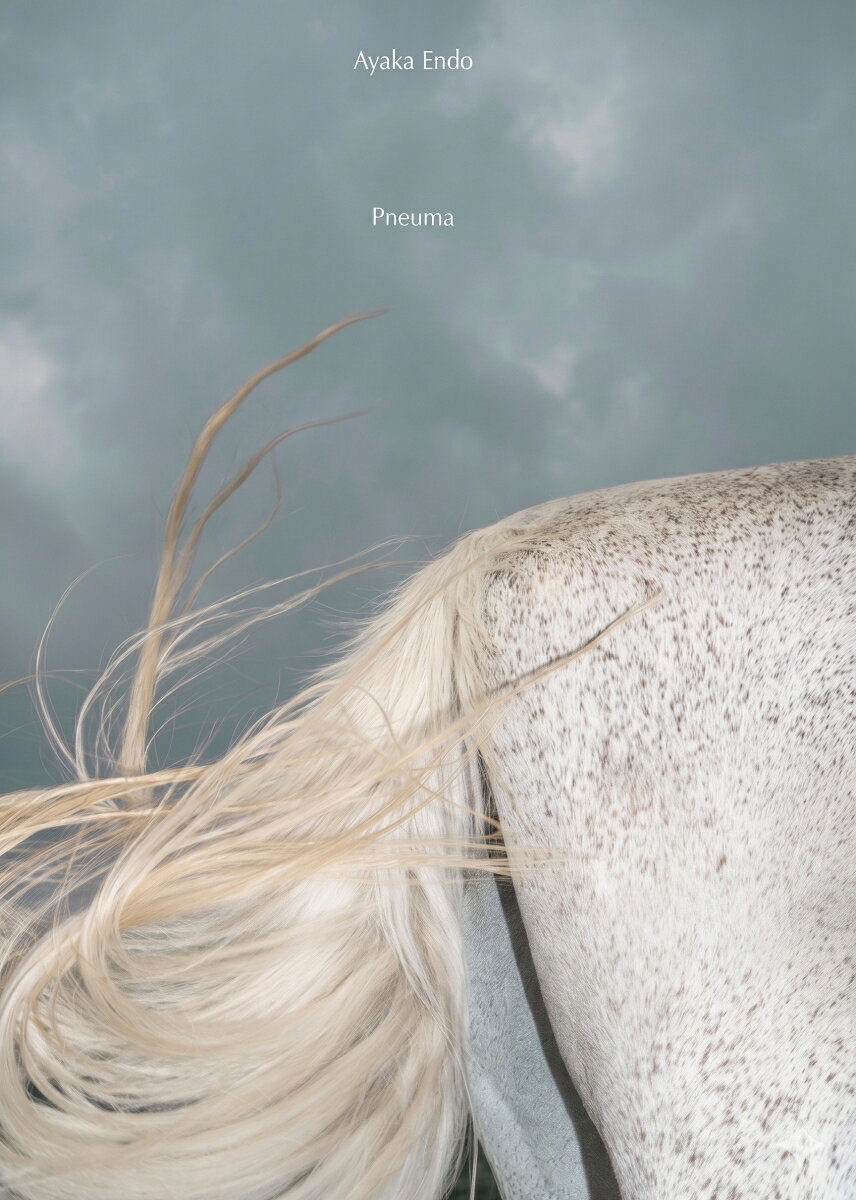 風でも、魂でもない。そのあいだにあるもの──Pneuma（プネウマ）

古代ギリシア語で「息」「風」「魂」を同時に意味するこの言葉を手がかりに、遠藤は岩手県遠野の高原へと向かいました。

そこは、地上と空、この世とあの世のはざまに浮かんでいるような不思議な場所です。 撮影の舞台となったのは、かつて遠野に存在した「人と馬が一つ屋根の下で暮らす文化」を現代に再構築した実験的な場所「クイーンズメドウ」。そこには、手綱も蹄鉄も持たず、自由を与えられた本来の姿で生きる馬たちが放牧されています。
乗馬クラブや観光牧場とは全く異なる「ホースファースト」の環境で、馬たちは圧倒的な生命力をもって草原を駆け回っています。
 
人間が馬を使役動物として囲ってきた5,500年の歴史から解き放ち、馬と人間が対等な生命として響き合い、境界がゆるやかに溶け合う空間。
「遠野の馬飼い」であり本施設を立ち上げた徳吉英一郎は、草の中に消え、馬の群れに肉薄していく遠藤の姿を「草の海へのダイブ」と表現しました。言語以前の感覚を頼りに、自らの身体を世界へと拡張させながら、永遠とも思える時間の積層と「いまこの一瞬」が交わる瞬間に繰り返される撮影。
 
その結実ともいえる本作品は、肉体と精神、内と外を往復する、目に見えないPneumaの静かな吐息を感じられる一冊です。