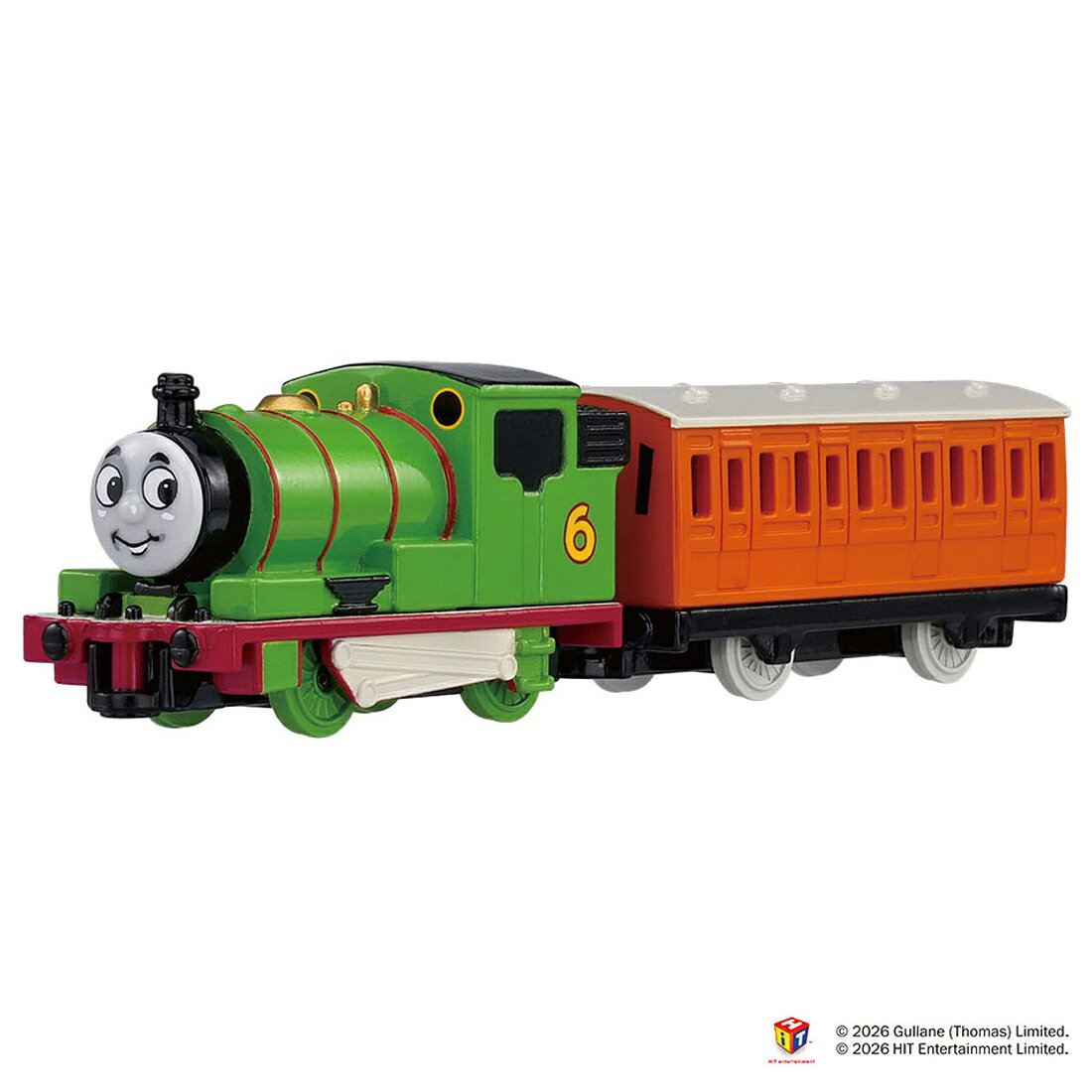 原作絵本をイメージしたパーシーがトーマストミカに登場！トーマストミカから原作絵本をイメージしたパーシーが登場。パーシーの顔、車体のカラーリング、客車も絵本仕様の特別なカラーリングです。絵本の表紙のように飾ったり、別売のトーマストミカとつなげて遊ぶことができます。【セット内容】えほんパーシー(1),客車(1)【対象年齢】：3才〜