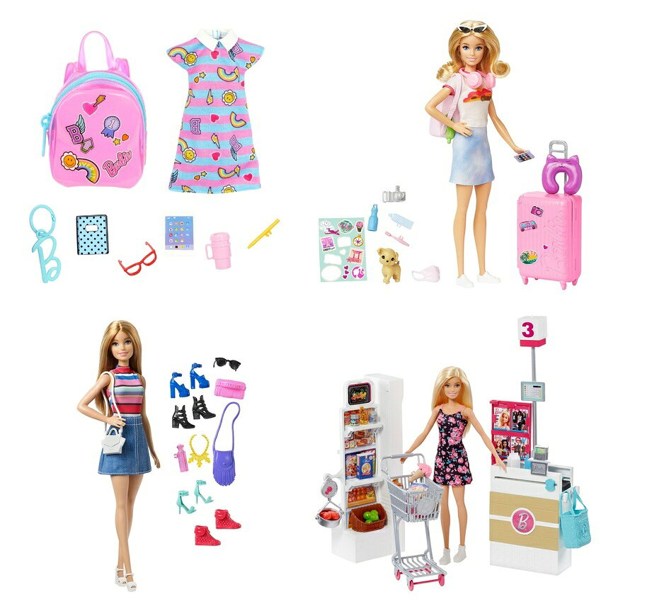 【セット商品】バービー(Barbie) いっしょにおでかけ！ファッションとバッグセット + ドール＆ファッション2種(ピンクのりょこうセット、シューズとアクセサリーのセット) + バービーとおしごと！スーパーマーケットのおかいものセット