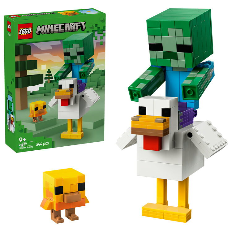 マインクラフトのゲームの世界をリアルに楽しもう巨大なニワトリとゾンビの赤ちゃんを組み立てて、羽をはばたかせて走るニワトリを赤ちゃんゾンビが追いかけ回すシーンを再現しよう。 チキンジョッキーとワイルドな冒険を楽しもうゾンビの赤ちゃんをニワトリの背中に乗せればチキンジョッキーに。ごっこ遊びにもゲームをテーマにしたホームデコとしても活躍します。360Clip.mp4 -->レゴ&reg;マインクラフト チキンジョッキー   ニワトリたちが主人公のアクションごっこニワトリのはねと足を動かしてポーズを決め、ヒヨコを配置しよう。    赤ちゃんゾンビのアクションフィギュアの手足と頭を動かして、ごっこ遊びやディスプレイを楽しもう。    チキンジョッキー爆誕！赤ちゃんゾンビをニワトリに乗せれば、チキンジョッキーの出来上がりです。  インタラクティブなデジタル版組み立て説明書組み立て手順がひと目でわかるLEGO&reg; Builderアプリを使えば、立体表示されるモデルを拡大・回転させながら組み立て、作業の進行状況を保存できます。 もっと楽しくレゴ&reg;マインクラフト シリーズの他のセットで、ゲームをテーマにした遊びの可能性をさらに広げよう。（各セット別売り）でっかいニワトリと子どもゾンビを組み立てよう。羽をばたつかせて走るニワトリを子どもゾンビが追いかけ回すよ。それぞれのフィギュアで遊んでもいいし、2体を組み合わせてチキンジョッキーにしてもいいね。

・ マインクラフトの組み立ておもちゃ - 組み立てとマインクラフトごっこを楽しめるギミックが満載のレゴ&reg;マインクラフト チキンジョッキー（21582） 
・ フィギュア3体 - 手足や頭の関節部が動く子どもゾンビ、翼と足が動くニワトリ、ヒヨコの大型フィギュアを組み立て、空想の冒険を繰り広げられます
・ ごっこ遊びとディスプレイ - 無限の可能性を秘めたマインクラフトごっこの後は、ポーズを決めて棚や机、ナイトスタンドの上に飾って楽しめます
・ チキンジョッキー登場 - 子どもゾンビをニワトリの背中に乗せれば、いたずら好きのチキンジョッキーに！
・ ゲーマーへのギフト - 9才以上のお子さまへのお誕生日プレゼントやホリデーシーズンのギフトに
・ ゲームの世界でもっと遊ぼう - レゴ&reg;マインクラフト シリーズで手と創造力を使う遊びの世界をレベルアップしよう
・ 現実世界でもマインクラフト - ゲームでおなじみのシーンを組み立てて、カスタマイズや組み替え、つくり替えをしながら新しい冒険を創造できます
・ サイズ -（約）高さ20cm × 幅11cm × 奥行11cm／ピース数：344
・ レゴデュプロ以外の製品には、小さな部品が入っています。間違って飲み込む危険がありますので、4才未満のお子さまには遊ばせないでください。