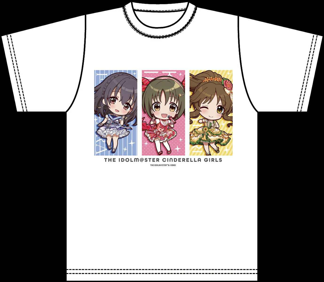 「アイドルマスター シンデレラガールズ」より、ぷちちょこグラフィックTシャツが全2種類で登場致します！
今井加奈/佐久間まゆ/藤原肇/森久保乃々/高森藍子/星輝子の可愛らしい描き起こしデフォルメイラストを使用致しました。
白地に華やかなアイドル達のイラストと背景のデザインが映えますね！「アンダーザデスク」と「ビビッドカラーエイジ」それぞれのユニットのイメージに合わせた背景のデザインが可愛らしいアイテムです。イベントやライブの時も存在感抜群！
通気性の良い綿の生地です♪フリーサイズとなっておりますので誰でもお気軽に着用して頂けます。

【サイズ】
フリーサイズ（男性L：約71×53cm）【対象年齢】：15歳以上【商品サイズ (cm)】(幅×高さ）：53×71