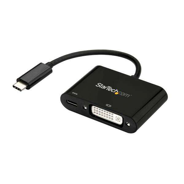 Ultrabook、MacBook ProなどのUSB-CノートパソコンをDVIディスプレイに接続するUSB-C - DVI変換アダプタ。USB給電（PD）仕様に対応しており、DVIディスプレイへのビデオ出力を行いながらノートパソコンの給電と充電を行います。

USB Type-Cは、複数の必須機能をひとつのダイナミックポートに組み込んだユニバーサル接続規格です。このアダプタは、最新のMacBookまたはWindows ノートパソコンなど、DisplayPortビデオ信号を通すUSB-Cデバイスで使用することができます。また、Thunderbolt 3ポートとも互換性があります。

【端末の充電にも対応】
ビデオ出力を行うとノートパソコンのUSB-Cポートを塞いでしまうビデオアダプタとは異なり、本製品はUSB給電（最大60W）に対応するUSB-Cチャージポートも提供します。本アダプタのUSB-Cポートにノートパソコンの電源アダプタを接続するだけで、ノートパソコンの充電とビデオ出力が同時に1つのポートで可能になります。USB-Cポートの数が限られているノートパソコンに最適なアクセサリとなります。

【優れた携帯性】
このUSB Type-Cビデオアダプタは小型軽量設計で持ち運びに適しています。ノートパソコンバッグやキャリーケースに軽く収まり、端末と一緒に携帯する際に便利です。オフィスでのBYOD（私物デバイス持ち込み）用途で最適なソリューションとなります。

【接続が簡単なUSB Type-C】
このアダプタケーブルは、汎用性に優れ便利なUSB Type-Cポートを使用します。USB Type-Cコネクタは、どちら側を上にしても差し込めるリバーシブル構造です。プレゼンテーションや情報共有を行う際、ディスプレイやプロジェクタへの挿入方向を間違えて慌てることがありません。

StarTech.comでは、本製品に3年間保証と無期限無料技術サポートを提供しています。