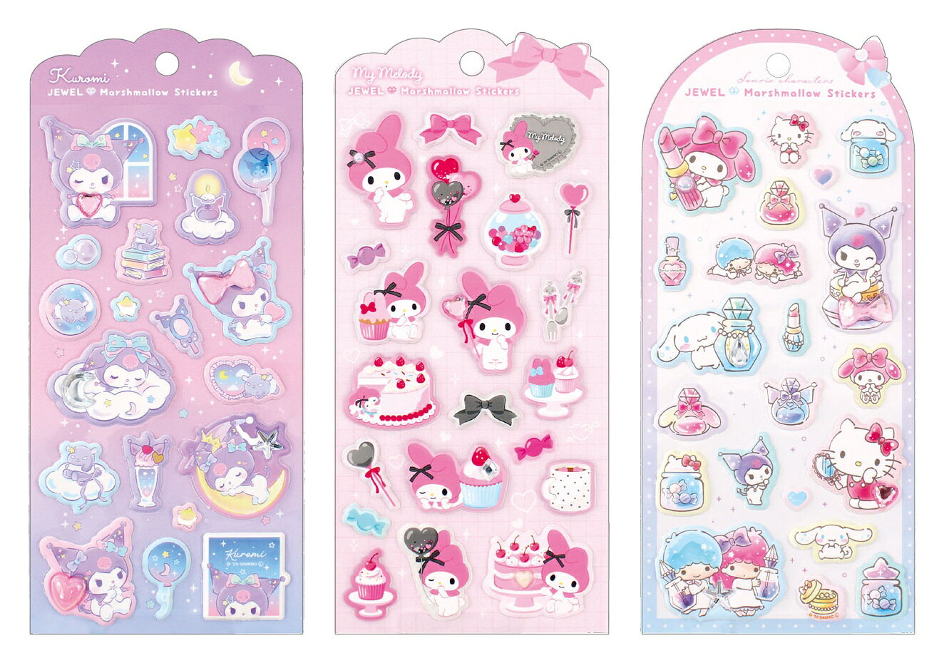 ＜セット内容＞
サンリオキャラクターズジュエルマシュマロステッカーズ　スイートドリーム／クロミ
サンリオキャラクターズジュエルマシュマロステッカーズ　ピンクティータイム／マイメロディ
サンリオキャラクターズジュエルマシュマロステッカーズ　コスメ／集合
ーーーーーーーーーーーーーーーー

ストーン付きのマシュマロステッカー！【対象年齢】：6歳以上【商品サイズ (cm)】(幅×高さ×奥行）：9×17.5×0.1