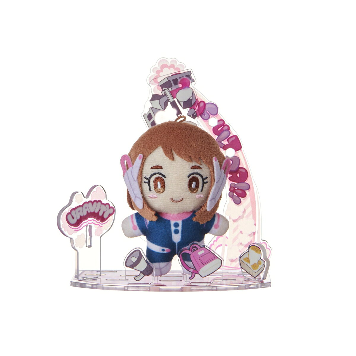 「アクスタ」と「ぬいぐるみ」を組み合わせた新ジャンル！
遊んで飾れるアクスタぬいぐるみ！

●アクスタにマスコットが飾れる！
マスコット背面の凸パーツをアクリルの穴にさして、マスコットを立たせたり浮かせたりして飾ることができます。

●レイアウト自由自在！
豊富なアクリルパーツと複数のさし穴でレイアウト自由自在♪自分だけのレイアウトが楽しめます。

●ぬい撮りにも最適！
アクリル2パーツの組み合わせで「ぬいぐるみスタンド」になり、自立スティックがそのまま「ぬい撮り棒」にもなるので、家でも外でもぬい撮りが楽しめる！

●集めるとさらに楽しい！
さし穴は全種共通なのでキャラクターを複数並べて遊ぶとさらに楽しめます！