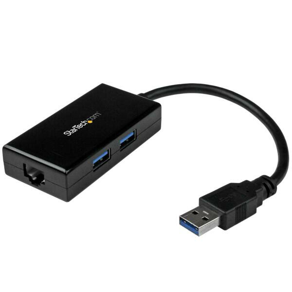 USB 3.0ポートを使用し、RJ45イーサネットポート一基を追加するUSB 3.0 - Gigabitネットワークアダプタ。RJ45イーサネットポートがないタブレット、Ultrabook、ノートパソコンに、パワフルなネットワークアクセス機能を追加します。有線ネットワーク接続機能以外に、USBハブを2ポート内蔵しているのでUSBデバイスも接続できます。

＜パワフルなGigabitネットワーク接続＞
USB 3.0 （5 Gbps）の性能をフル活用し、ギガビットの回線容量に完全対応したUSB 3.0 ネットワークアダプタは、 オフィスや家庭での使用に適しています。Gigabit ネットワークを介し、サイズの大きなファイルも迅速に処理して貴重な時間をセーブすることができます。

＜ネイティブ ドライバ サポートで簡単インストール＞
本製品をノート型パソコンのUSBポートに差し込み、ネットワークに接続するだけで導入完了です。このネットワークアダプタのチップセットは、ネイティブドライバに対応しており、追加ソフトウエアの心配は不要です。

＜USBデバイスを内蔵USBハブと接続＞
2つのUSB 3.0ポートを使用して、プリンター、外付けSSD、または外付けHDDケースなどのUSBデバイスに接続することで、ノートパソコンの性能を強化します。さらに、マウス、キーボード、フラッシュドライブ、その他の低電力USBデバイスをACアダプタなしで接続することができます。

＜小型軽量で携帯に最適＞
コンパクトで携帯性に優れたこのUSB Gigabitネットワークアダプタは、理想的なデスクトップパソコンやノートパソコンのアクセサリに最適です。ホストのUSBポートから給電するため、AC電源を持ち運ぶ必要もありません。

StarTech.com では、2年間保証と無期限無料技術サポートを提供しています。