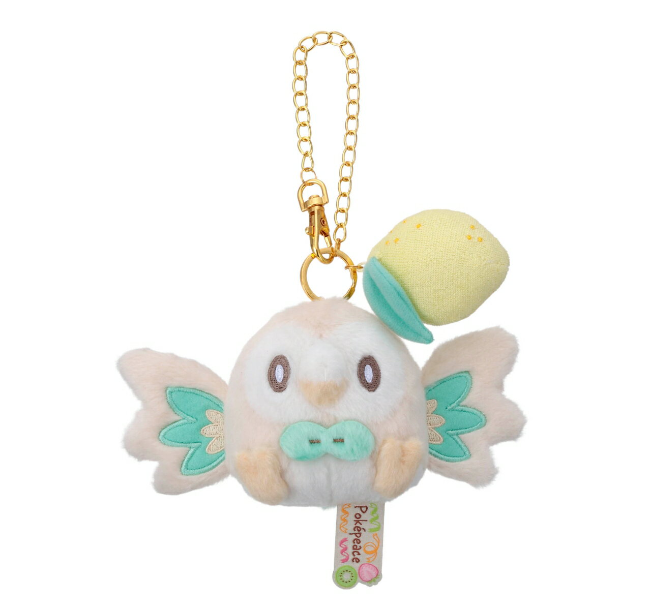 ポケピースのぬいぐるみマスコットです。おしゃれなチェーン付きなので、バッグやリュックにつけることもできます。カラフルなフルーツのマスコットつき。こちらはモクロー。商品サイズ:W160×H80×D60mm